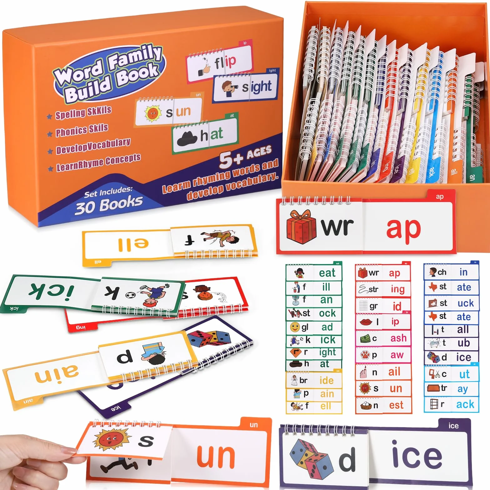 30 Read and Rhyme Flip Books, Word Families Flash Cards, Reading And Rhyming Words Abc Vocabulary Flash Cards, Educational Reading Word Books for Toddlers & Classroom Teaching