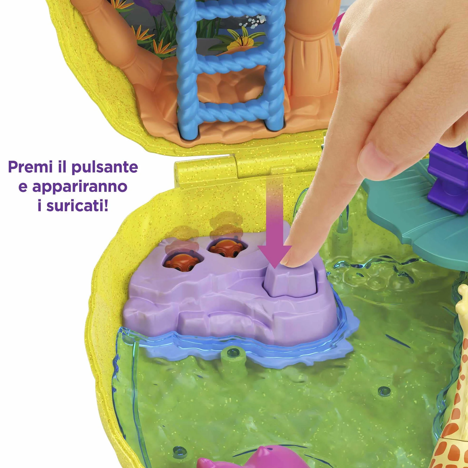Polly Pocket Tropicool Ananas compatto borsetta da indossare con 8 simpatiche sorpresa, micro Polly e Lila, 2 accessori e foglio sticker; dai 4 anni in su, giallo, GKJ64