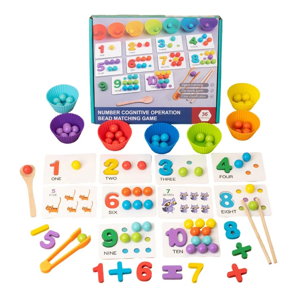 Set di Giocattoli Matematica aritmetica Montessori, Silicone e apprendimento Digitale in Legno con Perle, Set aritmetico di Montessori con Bacchette, cucchiai, Blocchi numerici