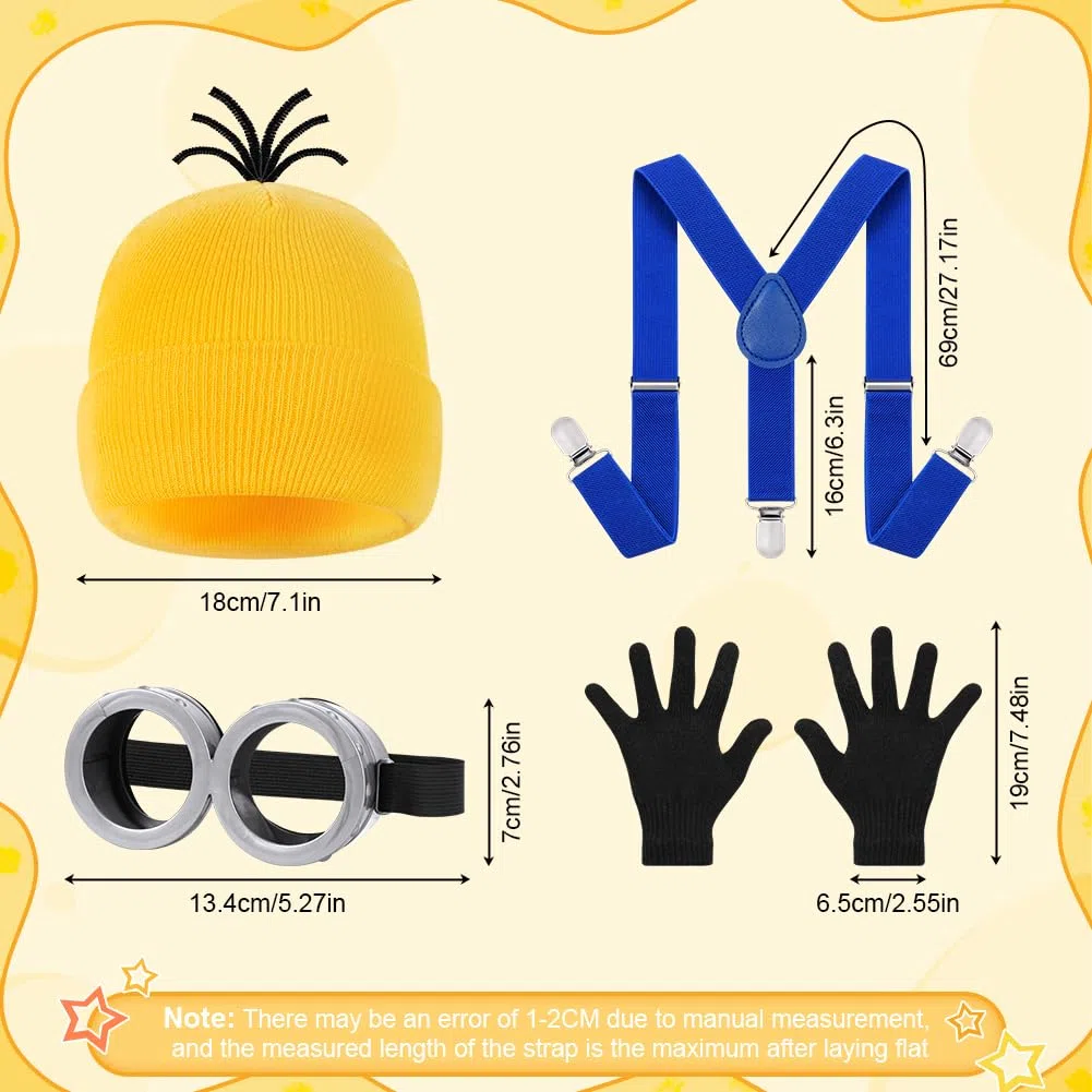 DiULi Accessorio per travestimenti, 4 pezzi accessori giallo Cosplay per bambini, kit di decorazione con occhiali, cappello, guanti e bretelle, blu, per feste, Halloween, Carnevale, Due occhi-4 pezzi
