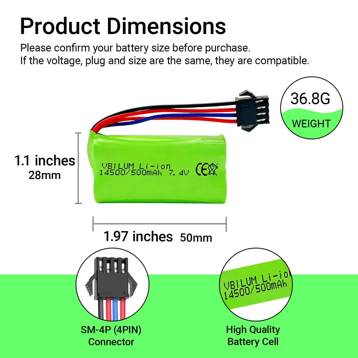 Batteria agli ioni di litio ricaricabile da 7,4 V 500 mAh SM-4P 4 pin spina per DE85 1:12 RC Truck XS-1S RC1-MR 1:16 Anfibio telecomando Auto Monster Truck Batteria e cavo di ricarica USB (2