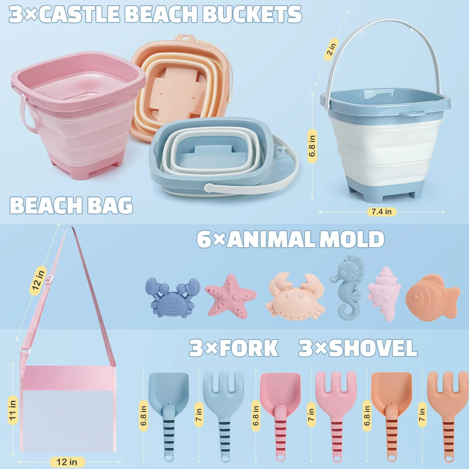 Dreamon Giochi Spiaggia Bambini, 18 Pezzi Giochi Mare con Secchiello Spiaggia Bambini Pieghevole Paletta Borsa Rete Giochi Spiaggia
