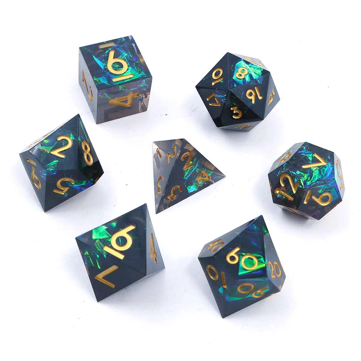 DollaTek Set di Dadi DND Trasparenti in Resina di Lusso - Poliedrici Rpg D4 D6 D8 D10 D12 D20 - Nero e Verde