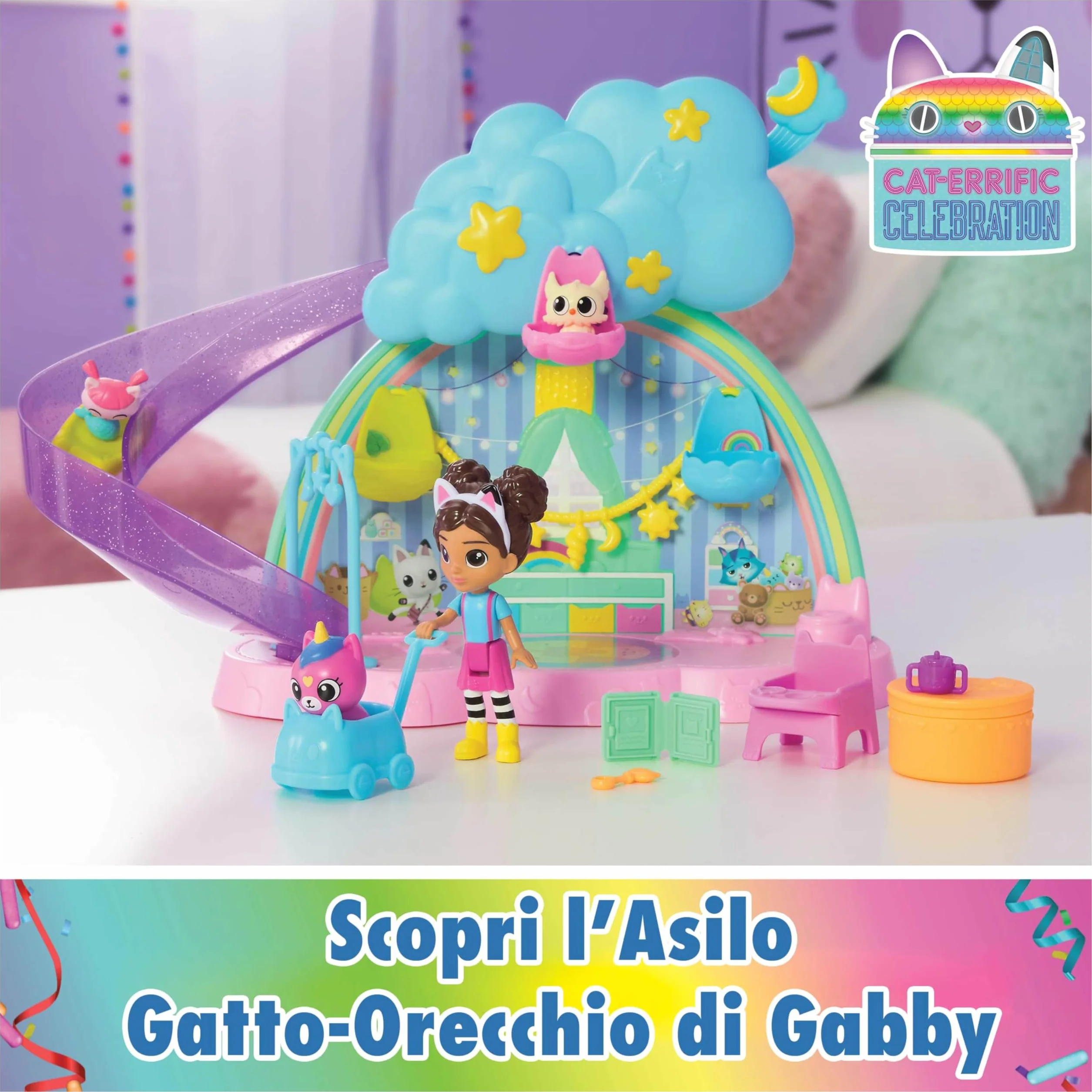 Gabby's Dollhouse, Stanza dei Giochi dell'Asilo Gatto-Orecchio, Set di Gioco da 17 Pezzi con 4 Personaggi e Mobili per la Casa delle Bambole, Giocattoli per Bambine e Bambini, 3+ Anni