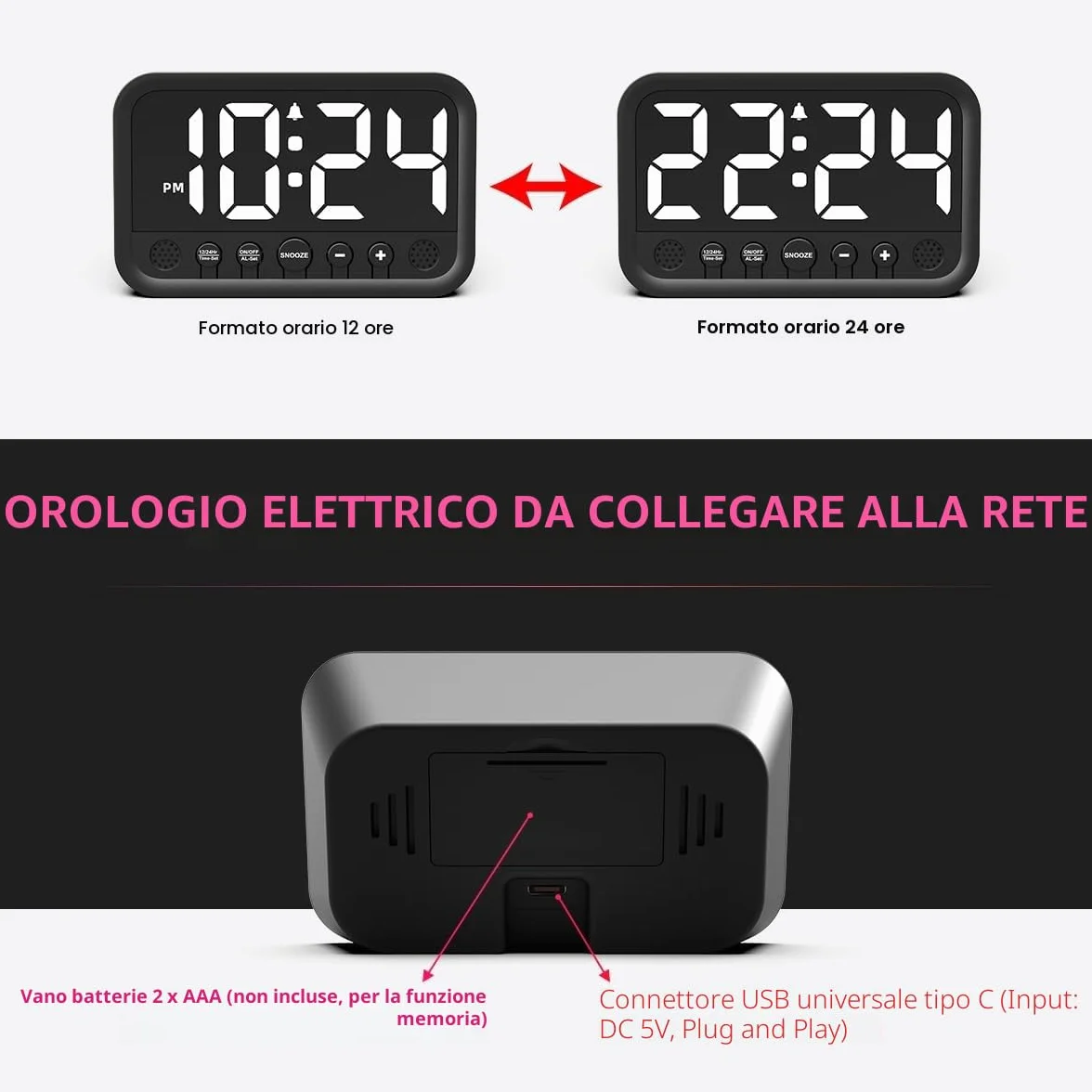Sveglia digitale con numeri grandi, sveglia digitale con display LED, luminosità e volume regolabili, Snooze, 12/24HR