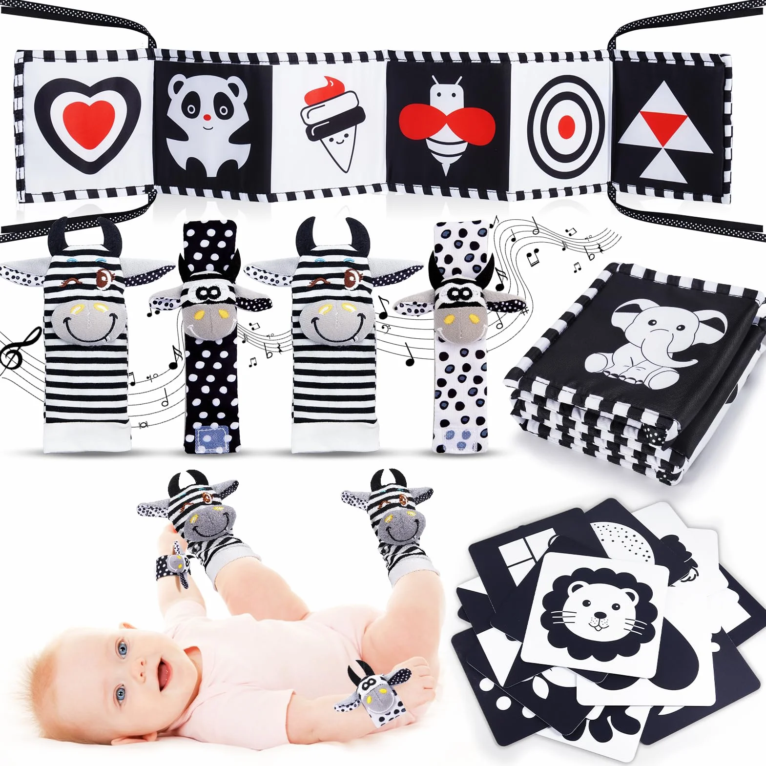 HappyKidsClub Giochi Montessori Neonato 0-12 Mesi, Libro Sensoriale Bianco e Nero Sonaglio 0-9 Mesi Tummy Time Regalo Nascita Maschio Femmina