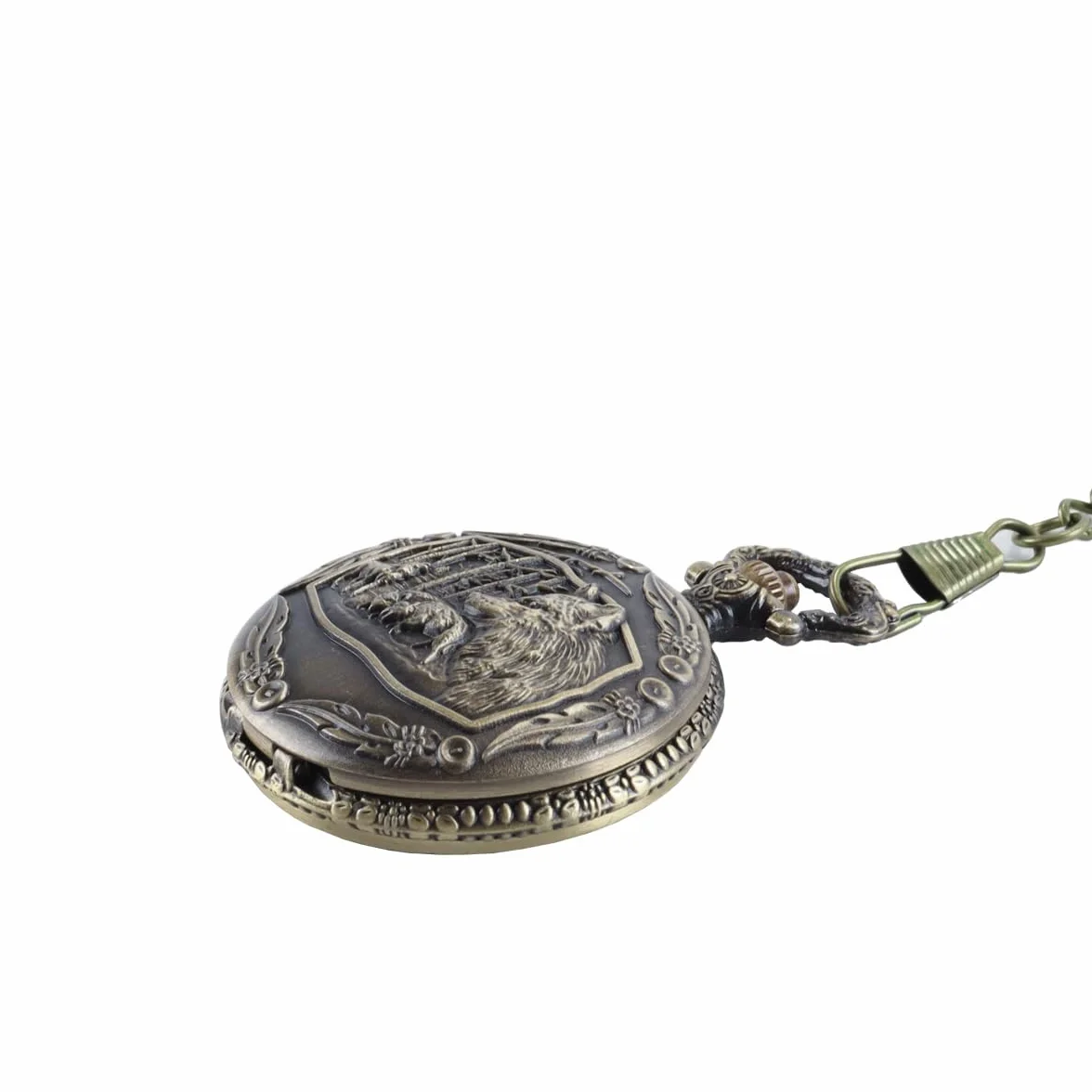 Mini set di dadi DND con orologio a forma di testa di lupo in rilievo, 7 dadi poliedrici in lega di zinco, catena in bronzo anticato, confezione regalo per giochi di ruolo da tavolo