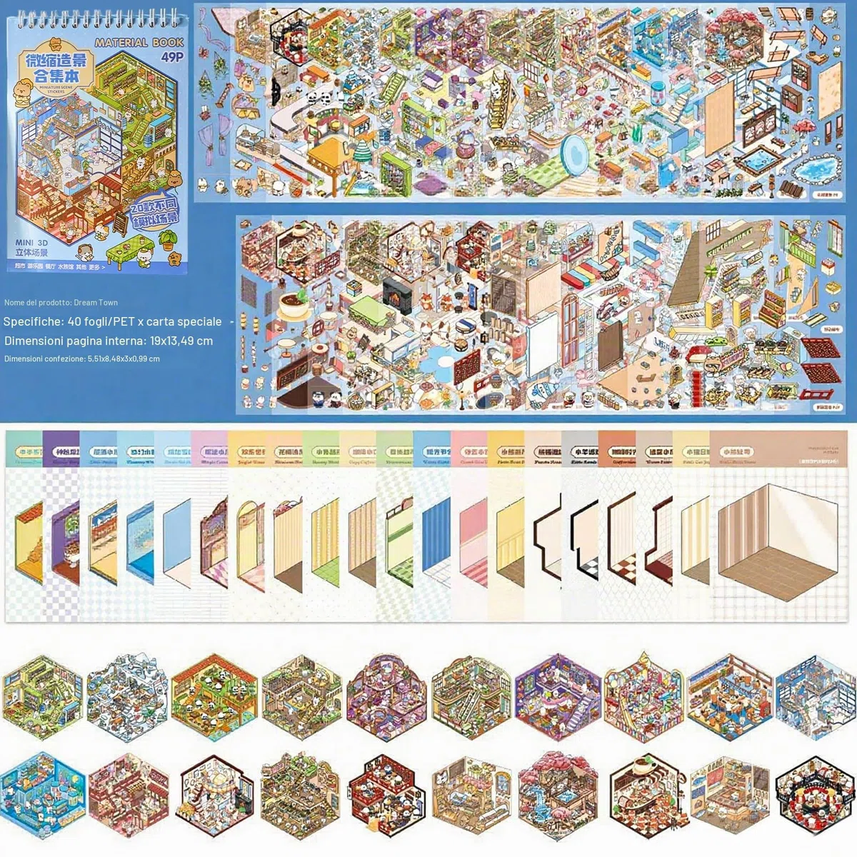 Mocrop 20 set di adesivi 3D Scene Book, set di adesivi fai da te, acquari, supermercati, parchi di divertimento, panetterie, case da tè e altre scene, con 2 pinzette, regali per bambini