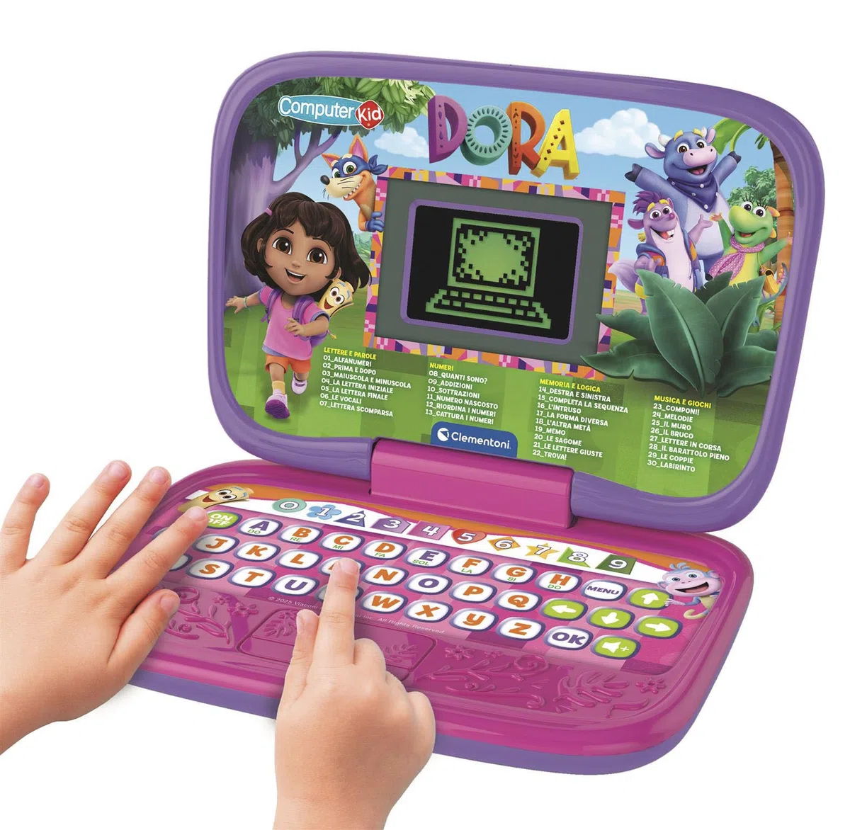 Clementoni - Computer Kid Dora Laptop Educativo Bambini 4+ Anni, 30 attività Educative per Imparare Lettere, Numeri, Parole, Logica e Musica, Lingua Italiana, 16521