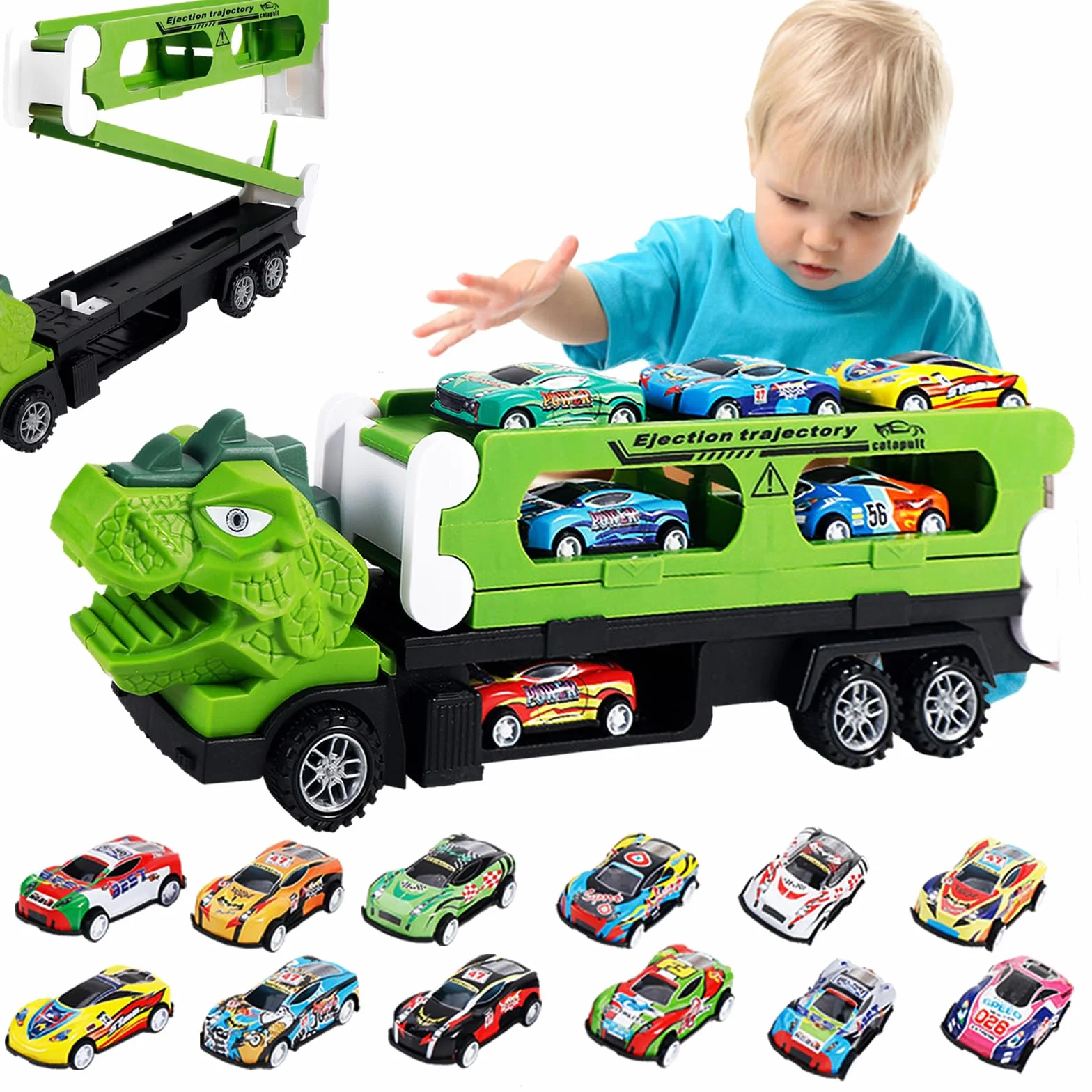Set 2 in 1 di dinosauro con 12 auto giocattolo in metallo, per bambini, set di auto giocattolo, per il trasporto di camion e pista da corsa, regalo per ragazzi 3-8 anni