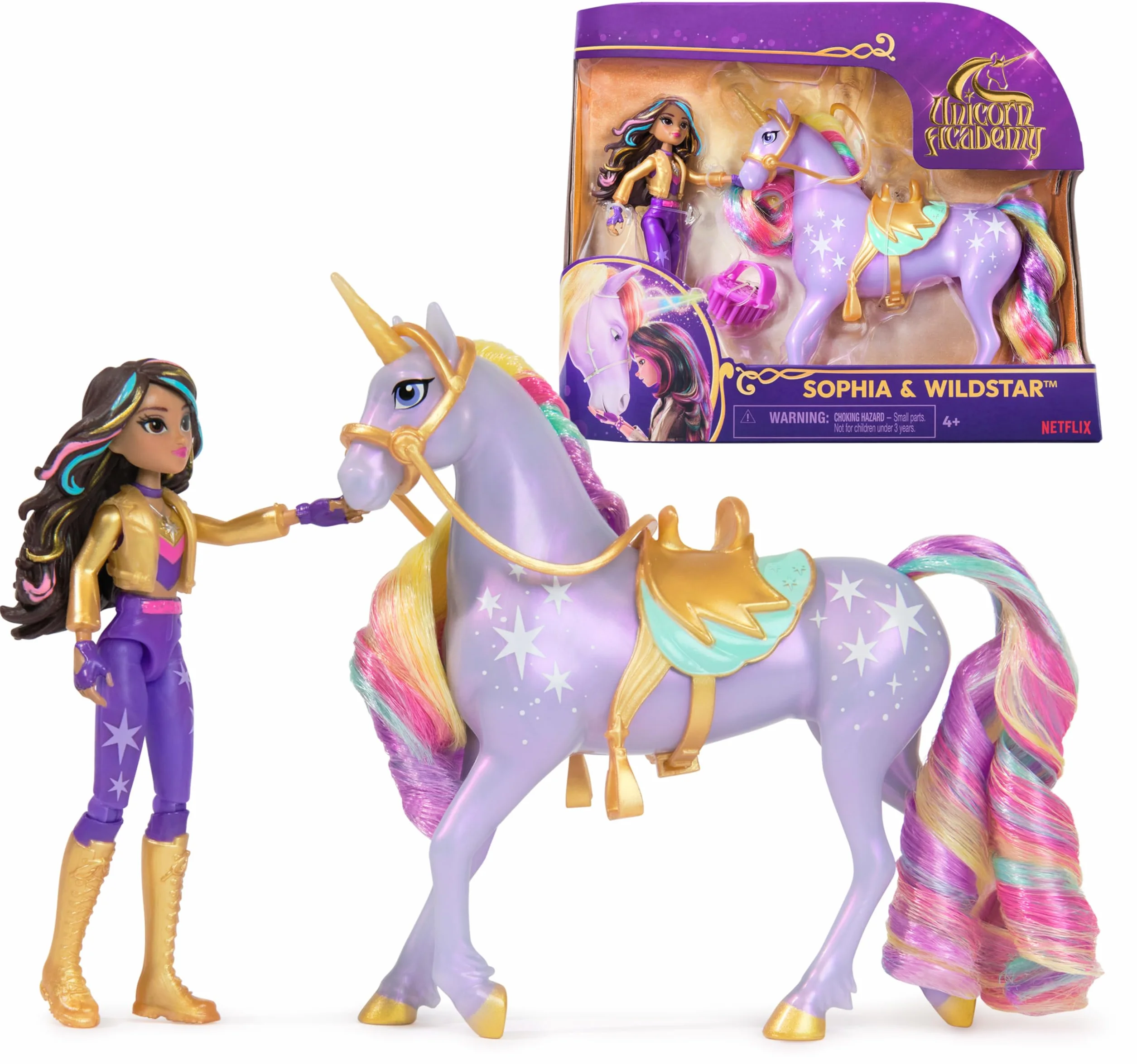 Set Unicorn Academy, Sophia & Wildstar con 2 Accessori Per l'Equitazione e Strumento per lo Styling dei Capelli, Bambole e Unicorni Giocattolo per Bambine, 4+ Anni