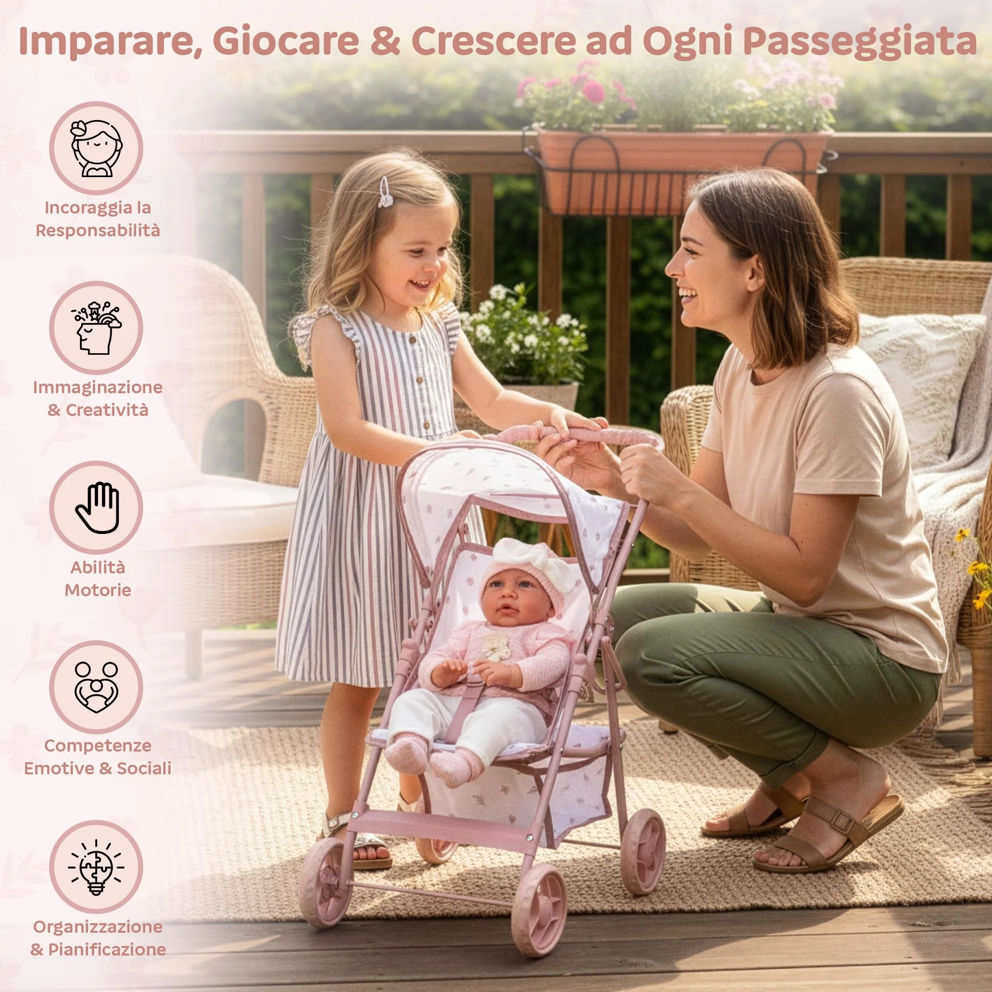 Kinderplay Passeggino per bambole dai 3 anni in su - Passeggino leggero e pieghevole, con ruote in EVA, cinghia e tettuccio, colore rosa