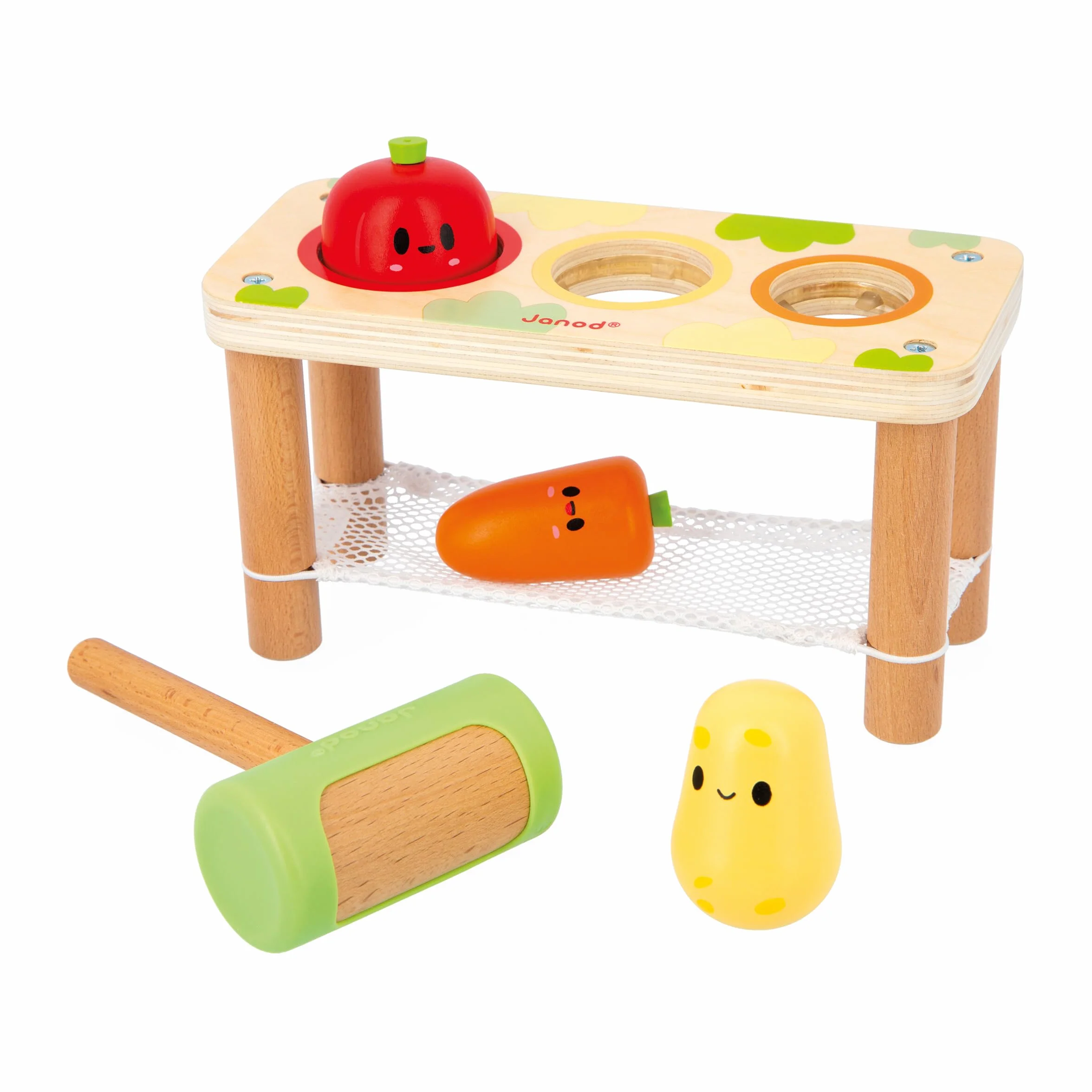 Janod Taptap Verdure della Fattoria, Giocattolo Multisensoriale per Bambini, 3 Verdure dell'Orto e 1 Martello, Sviluppa Le Abilità Fino-Motorie, Giocattolo in Legno FSC, dai 12 Mesi, J03309