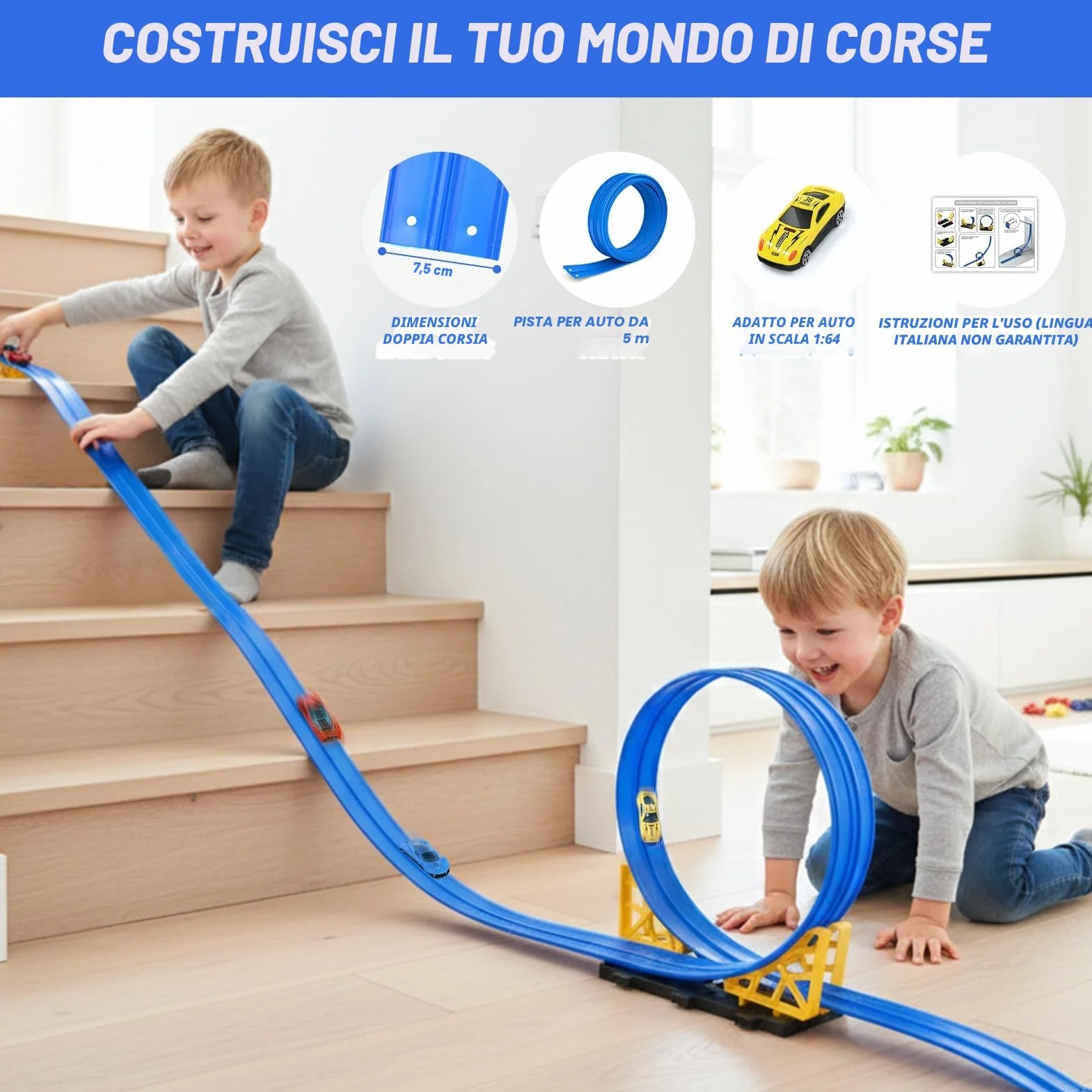 Dreamon Piste Macchinine per Bambini 3 4 5 6 7 Anni 5 Metri Pista Flessibile Macchinine con 4 Macchinine 2 Rampe 1 Borsa Portaoggetti 4 Ventose Regalo per Bambino e Bambine