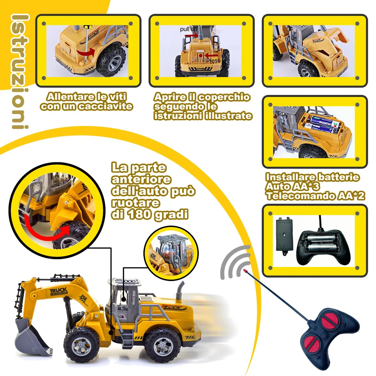4 Canale 1:32 escavatore telecomandato giocattolo,con luci lampeggianti,telecomando senza fili,Trattore Digger Giocattoli per bambini,per Regali Per Bambini Dai 3 4 5 6 7 Anni