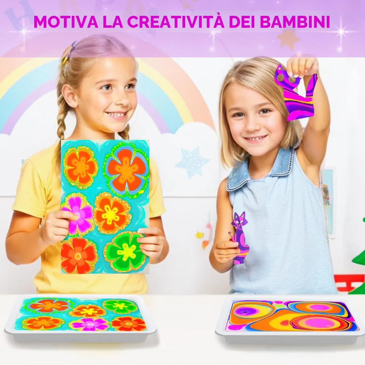 MOMUSE Kit di Pittura per Bambini con 2 Vassoi, Giochi Creativi Bambina 6 anni, Pittura Marmorizzata Pezzi di Legno a Forma di Gatto, Regalo Bambina Bambini 6 8 9 10 12 anni