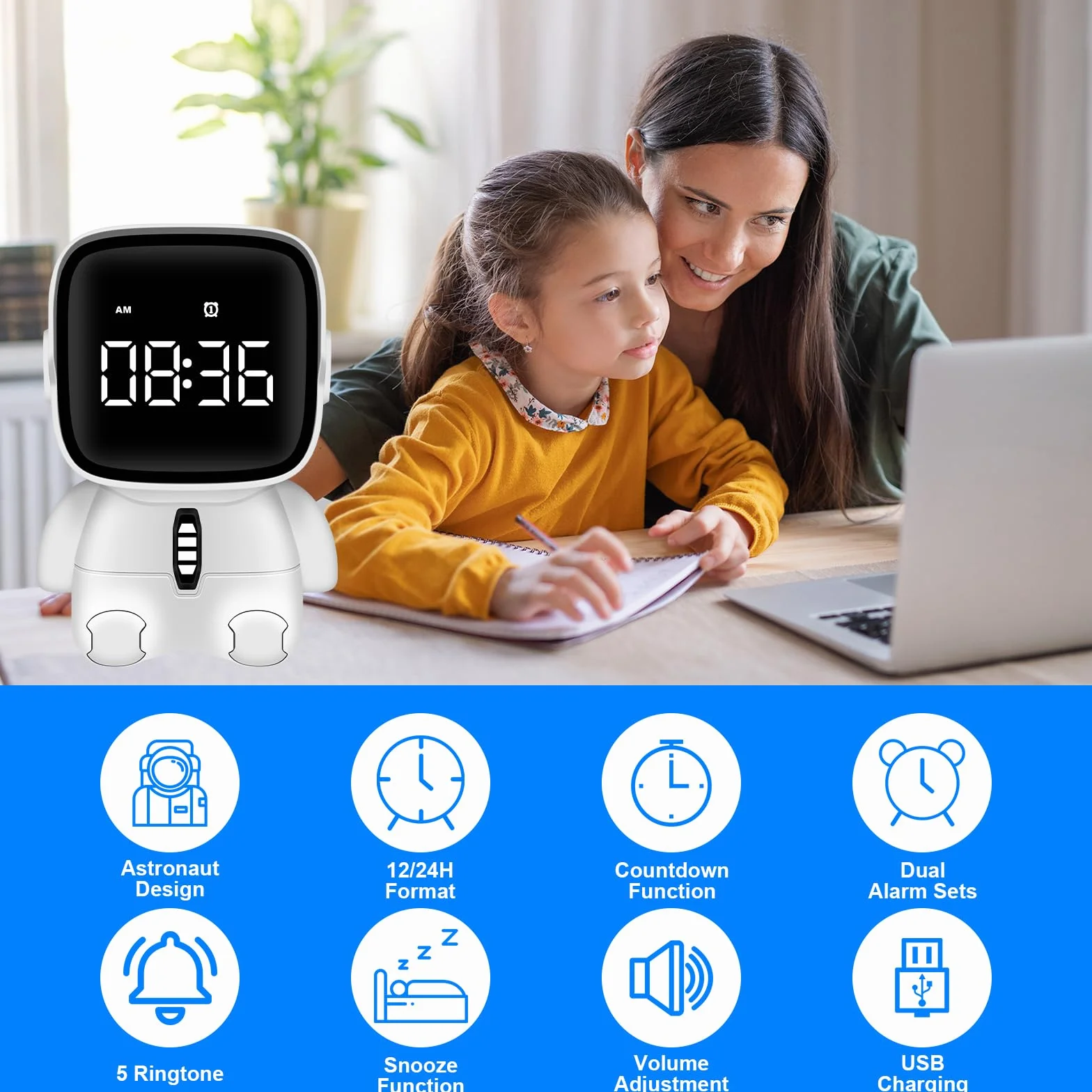 Sveglia digitale a LED per bambini, sveglia astronauta con funzione snooze, 2 allarmi, conto alla rovescia, orologio digitale elettronico ricaricabile per camera da letto, ufficio