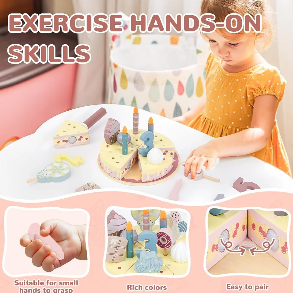 Ainiv Cucina Giocattolo per Bambini Bambino, Torta di Compleanno di Legno con Accessori, Giocattolo Educativo Montessori, Regalo Compleanno Pasqua Halloween Natale Ragazzo Ragazza 18 Mesi+ Anni, Rosa