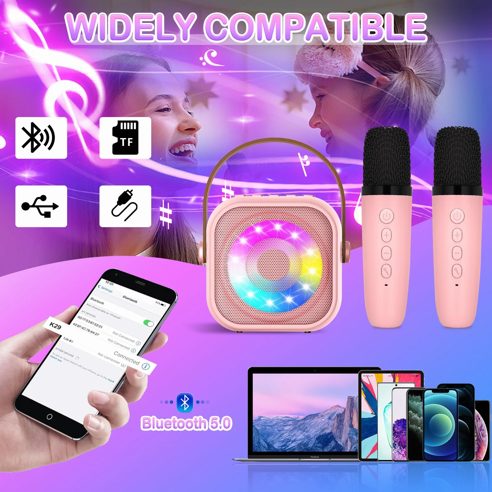 Karaoke per Bambini con 2 Microfoni Wireless, Luce LED, Effetti Cambio Voce, Portatile