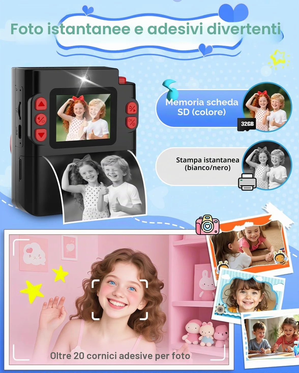 Macchina Fotografica Bambini Istantanea, 1080P HD Fotocamera Istantanea per Bambini con 32GB Scheda & Carta Fotografica, Giocattolo Regalo di Natale Compleanno Bambino e Bambina 3-12 Anni