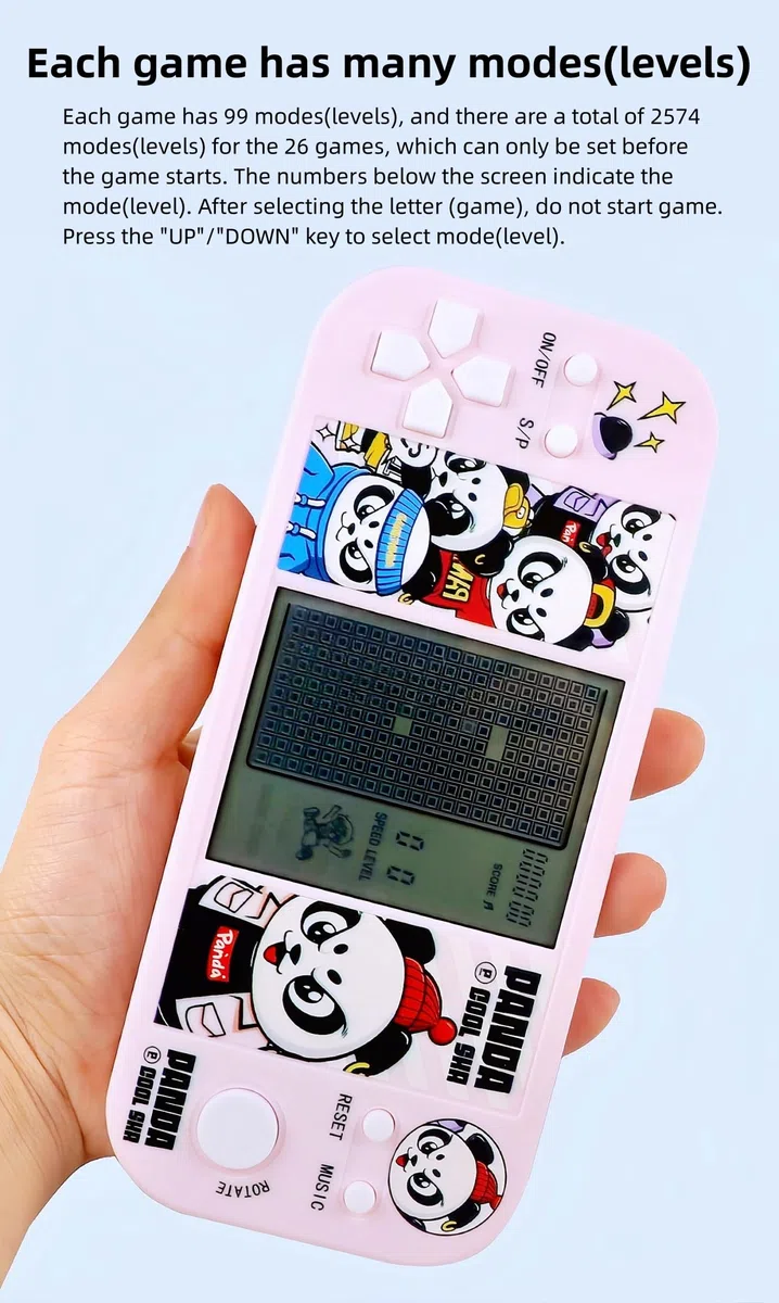 Panda Cartone Animato Console di Gioco Cubo Retrò 26 Giochi di Mattoni 2574 Livelli Velocità/Difficoltà Regolabile Gioco Elettronico Portatile per Bambini Regali di Giocattoli Puzzle (HPink)