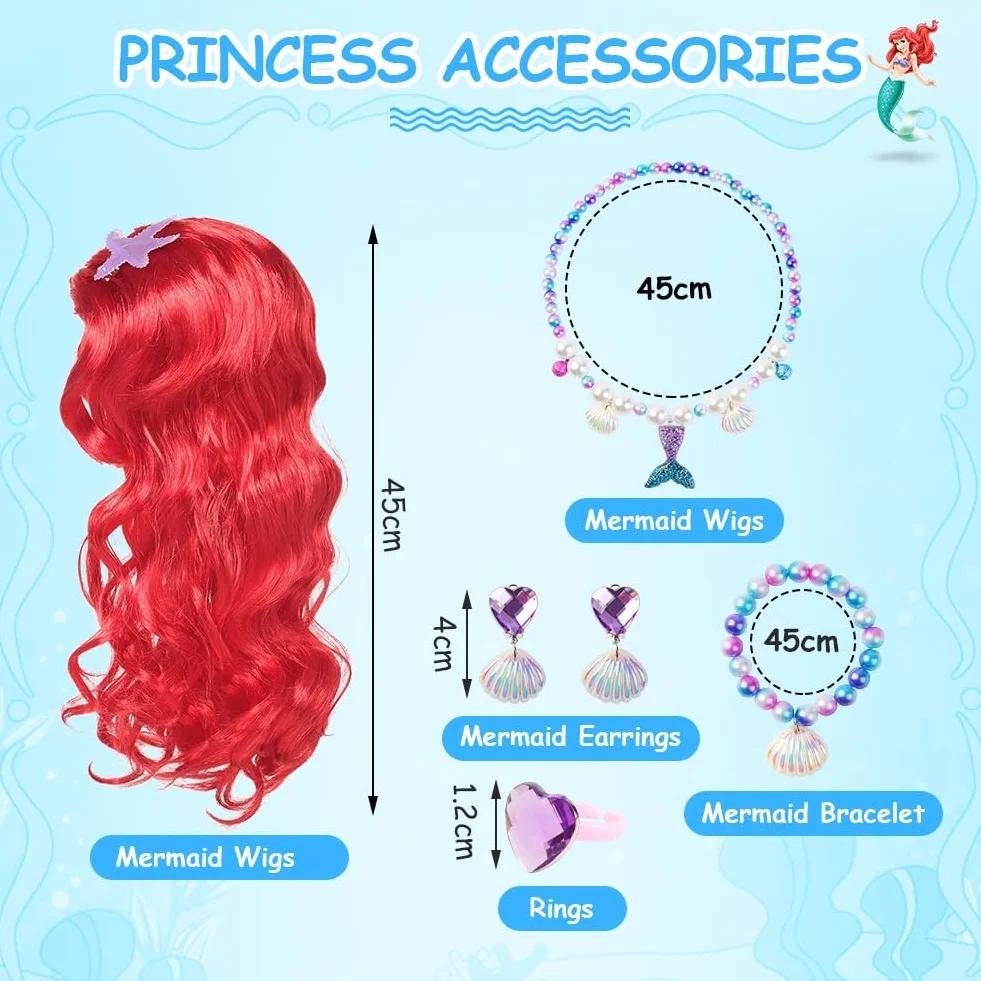 AOOWU Costume da Sirenetta Bambina, Vestito con Parrucca, Ariel Bambine Sirena con 5 Pezzi Accessori, Costumi Cosplay per Halloween, Natale, Compleanno