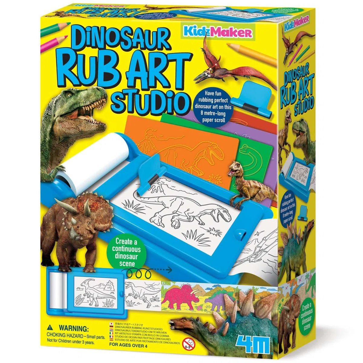 4M 00-04790 KidzMaker Set di Frottage Artistico Dinosauri | Gioco Creativo per Bambini, Disegni con Rullo di Carta da 8m e Matite Colorate | Idea Regalo Educativa 4+ Anni