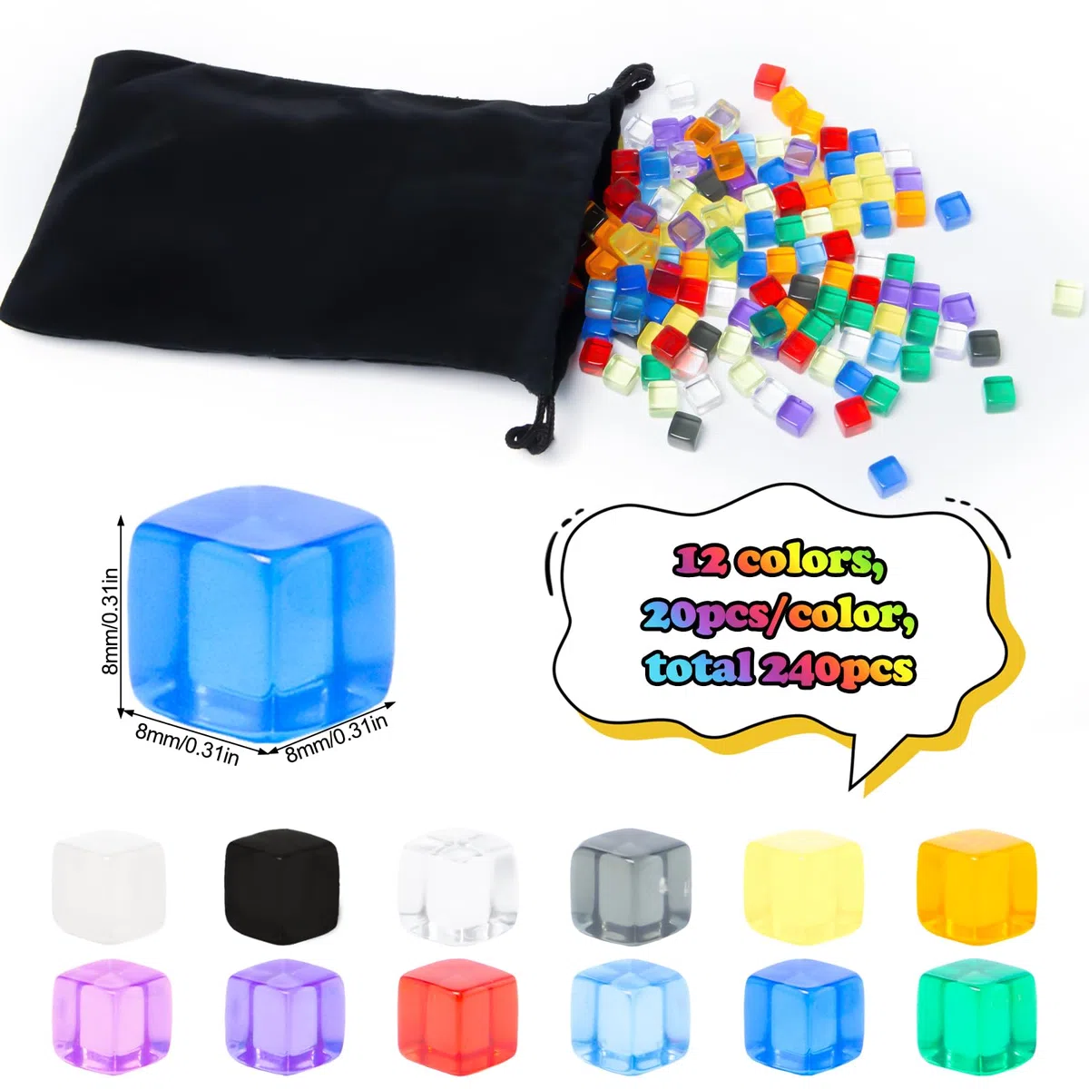 240 Pezzi Dadi a Sei Lati 8 mm Multicolor Cubi Acrilici Trasparenti Perline Senza Fori in 12 Colori Con Borsa con Coulisse per Giochi da Tavolo, Apprendimento, Artigianato e Hobby
