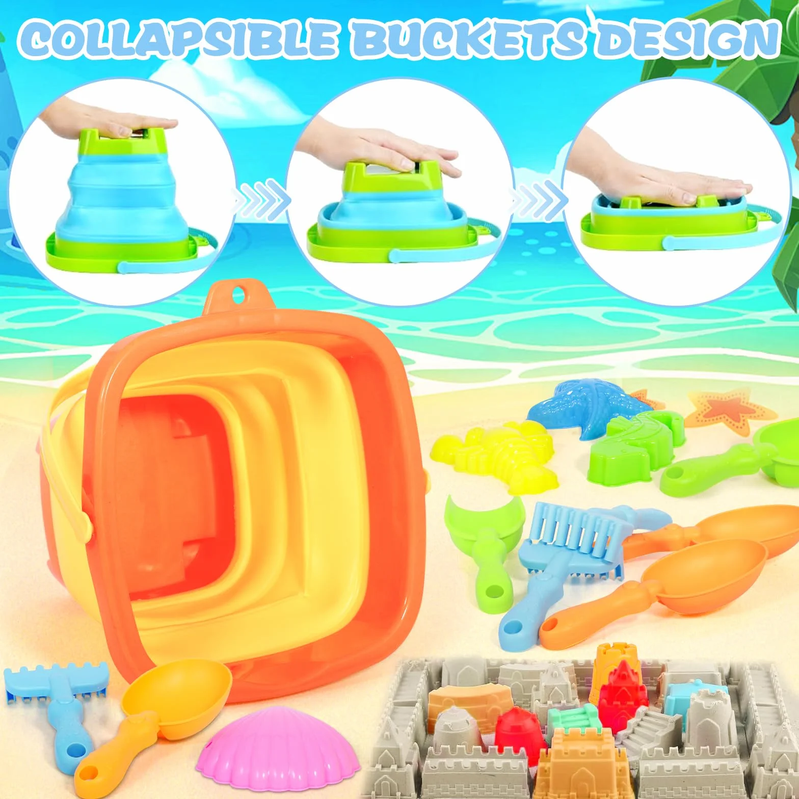 24 Pezzi Giocattolo da Spiaggia per Bambini, Set di Giocattoli di Sabbia, Giocattolo con Secchio Pieghevole, Borsa a Rete, Pala, Formine di Sabbia, per 2 3 4 5 Anni Bambini