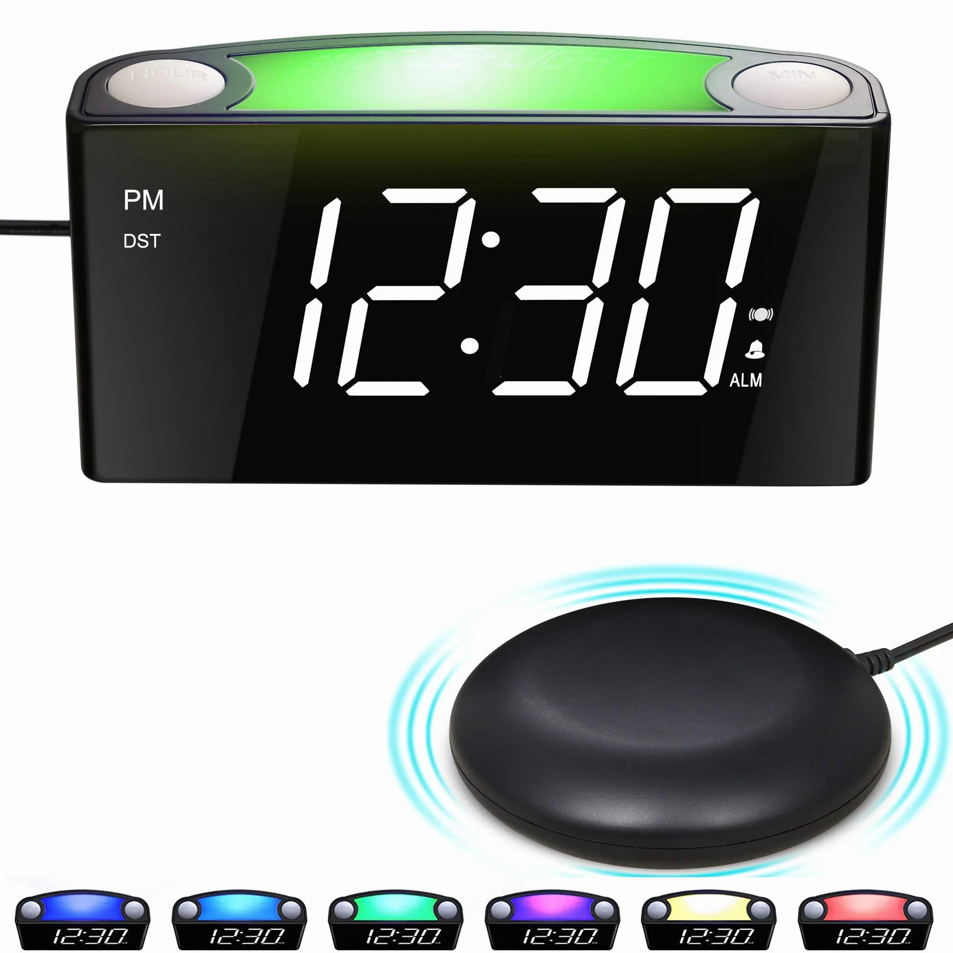 Sveglia da Comodino con Vibrazione, Forte Cicalino per Dormienti Pesanti Sordi Non Udenti, Luce Notturna a 7 Colori per Camera da Letto, Display Digitale a LED Dimmer 2 Porte di Ricarica USB,Type C