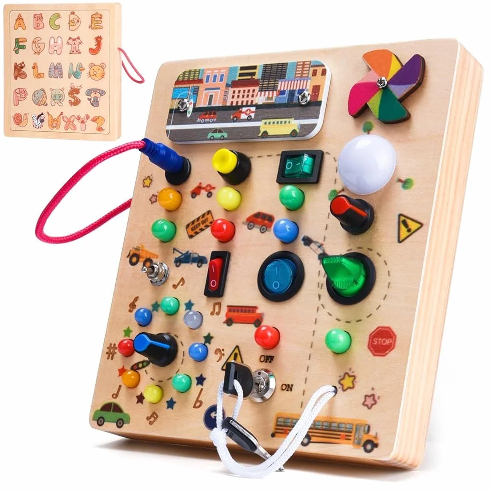 Nauotk Busy Board in Legno, Giochi Montessori per Bambini 2 Anno, Lavagna attività con 19 LED, Giochi Educativi Sensoriale del Bambino, Lavagna attività Portatile Regalo Bimbo 2 3 4 Anni