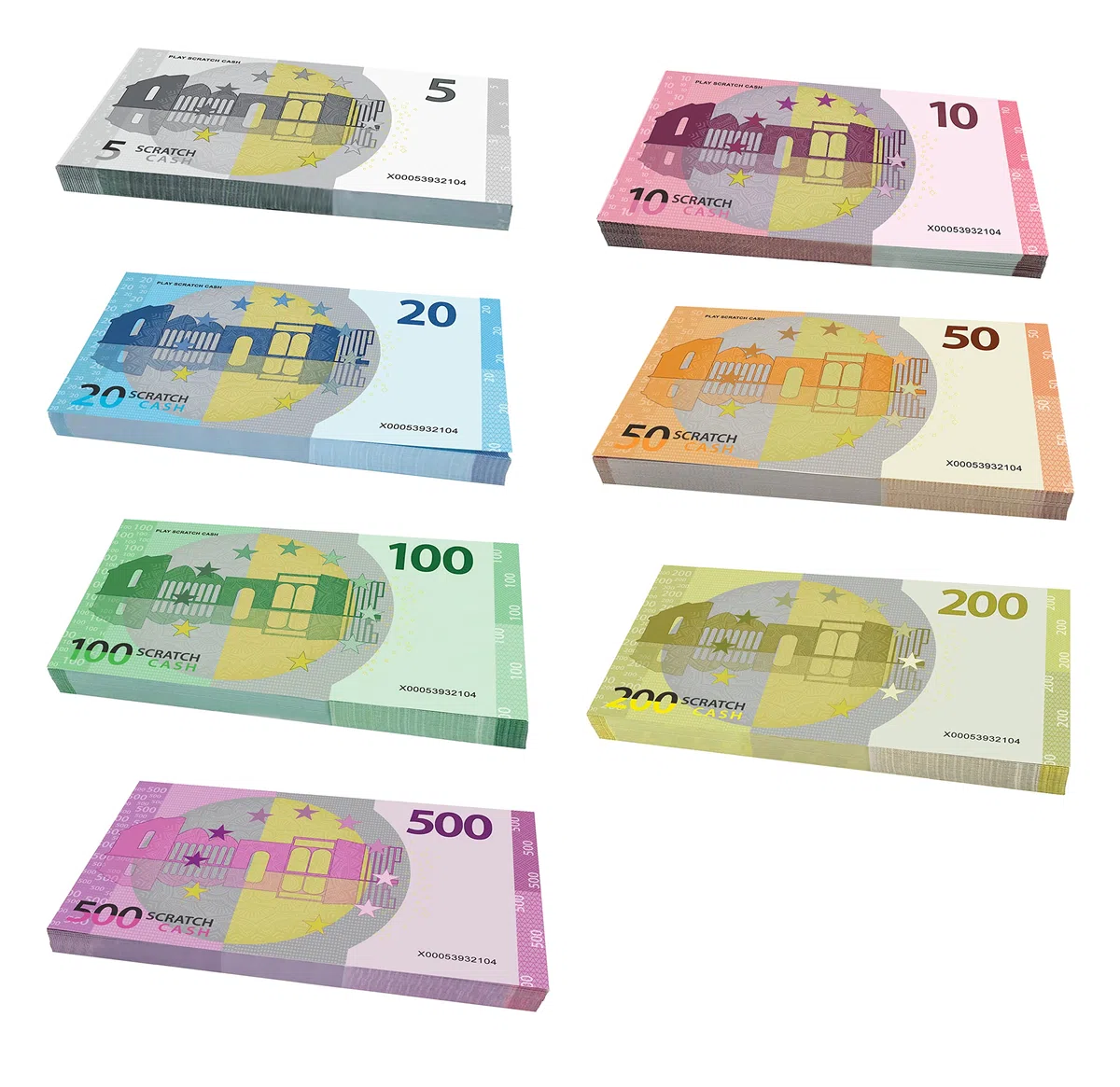 Scratch Cash Bundle 175 Dimensioni Aumentate al 125%, Banconote Finte 25 x 5, 10, 20, 50, 100, 200, 500 Euro, Fac-Simile Euro