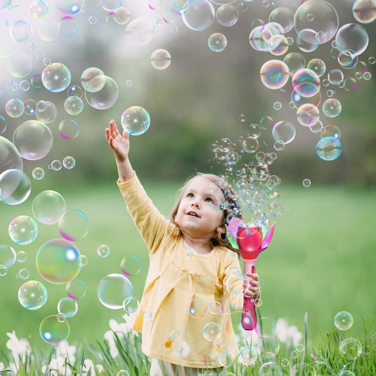 Automatico Macchina Bolle di Sapone, Fiore Macchina Bolle di Sapone, Bacchetta Magica Pistola a Bolle di Sapone Elettrica per Bolle per Bambini, Pistola a Bolle per Bambini per All'aperto Matrimonio