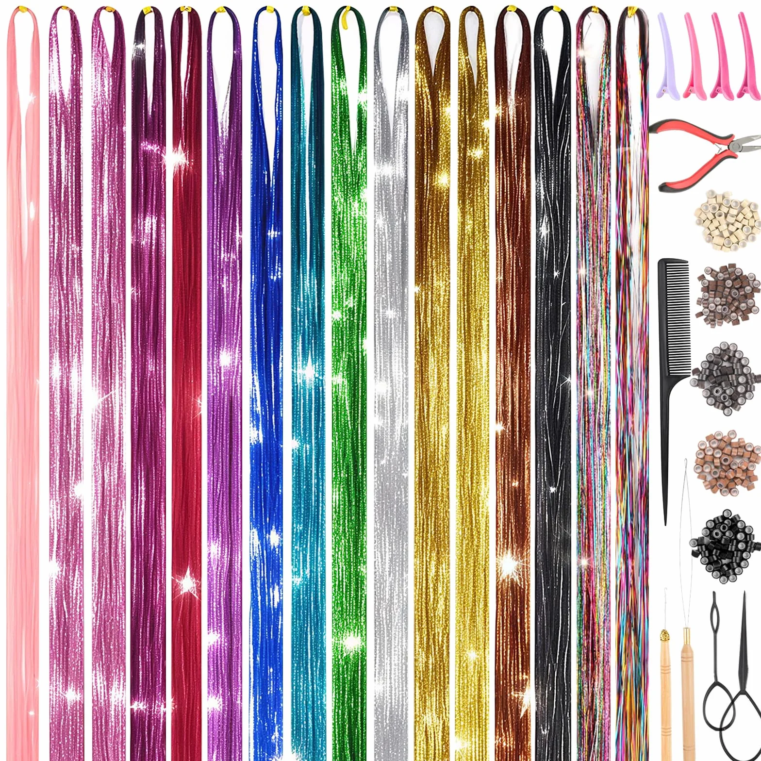 16 Colori Tinsel Glitter per Capelli, Hair Tinsel 120 cm con Strumenti per Carnevale,Feste e Celebrazioni Festive