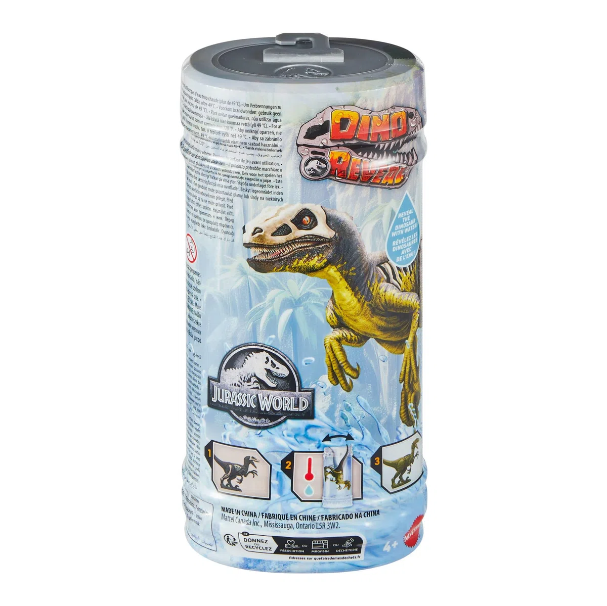 Mattel Jurassic World - Rivelazione del Dinoasuro a sorpresa, scopri il dinoasuro e immergilo in acqua calda per rivelare la decorazione completa, giocattolo per bambini, 4+ anni, JDC52