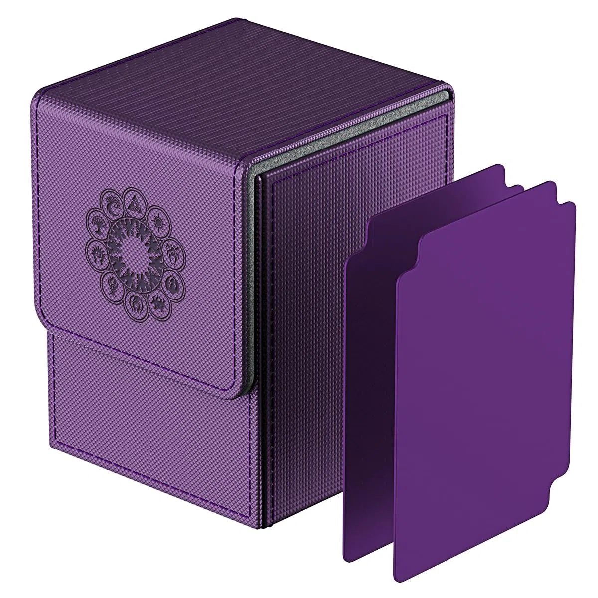 Pulchra Scatola Box Porta Carte Capacità fino a 100+ carte, con 2 Piastra di Partizione, Magnetic Flip Deck Box (Elemental Design, Viola)