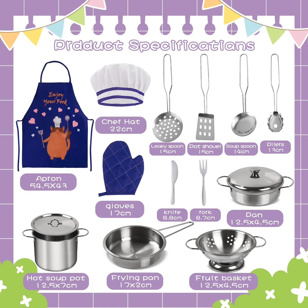 Set Cucina per Bambini 32 Pezzi - Accessori, Pentole e Padelle in Acciaio Inossidabile, Utensili, Grembiule - Giocattolo Educativo