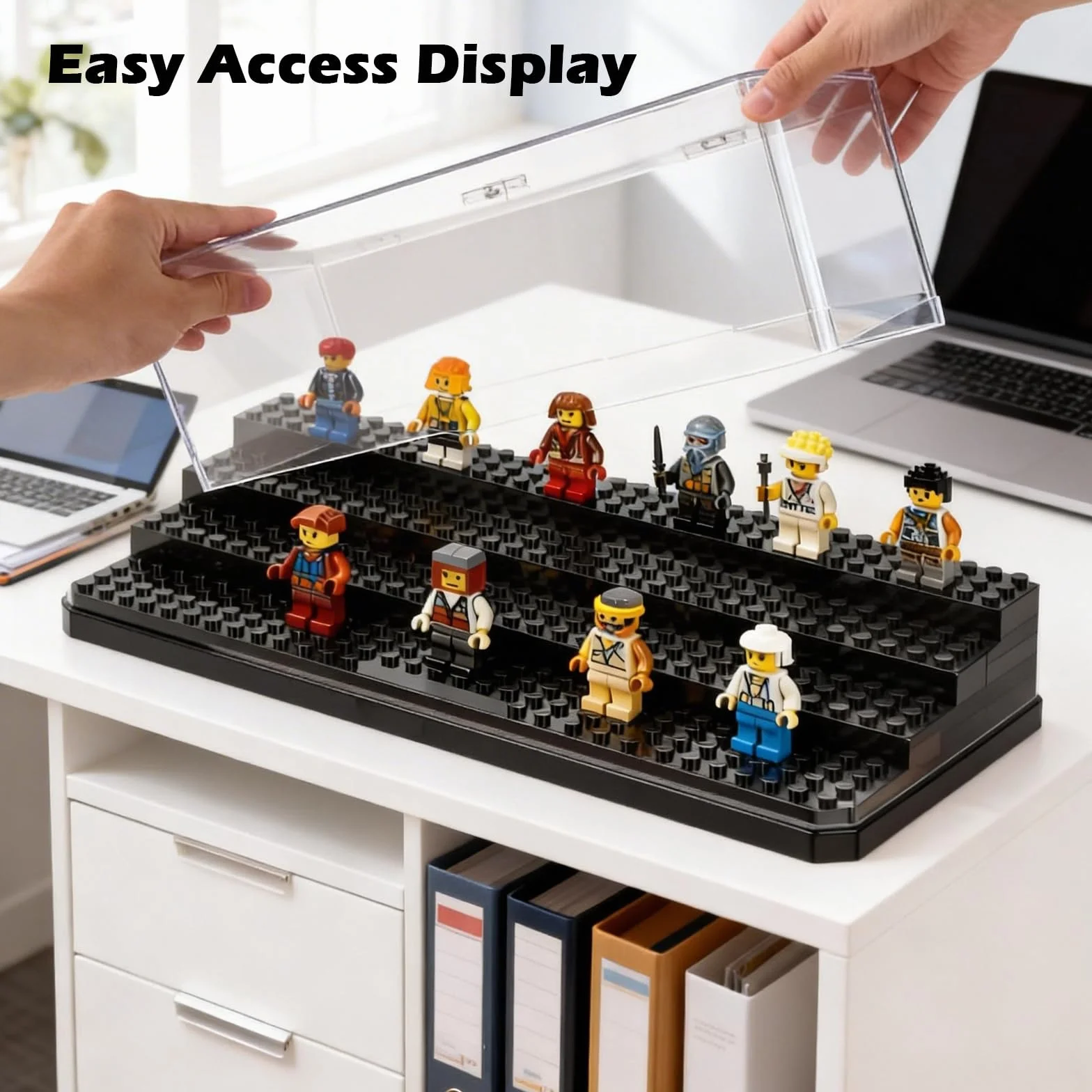 Vetrina Acrilica per Minifigures, 4 Strati Acrilico Impilabile Modelli Espositiva con Ripiani Rimovibili, Antipolvere Trasparente Giocattoli Scatola di Visualizzazione Collezione e Building Block