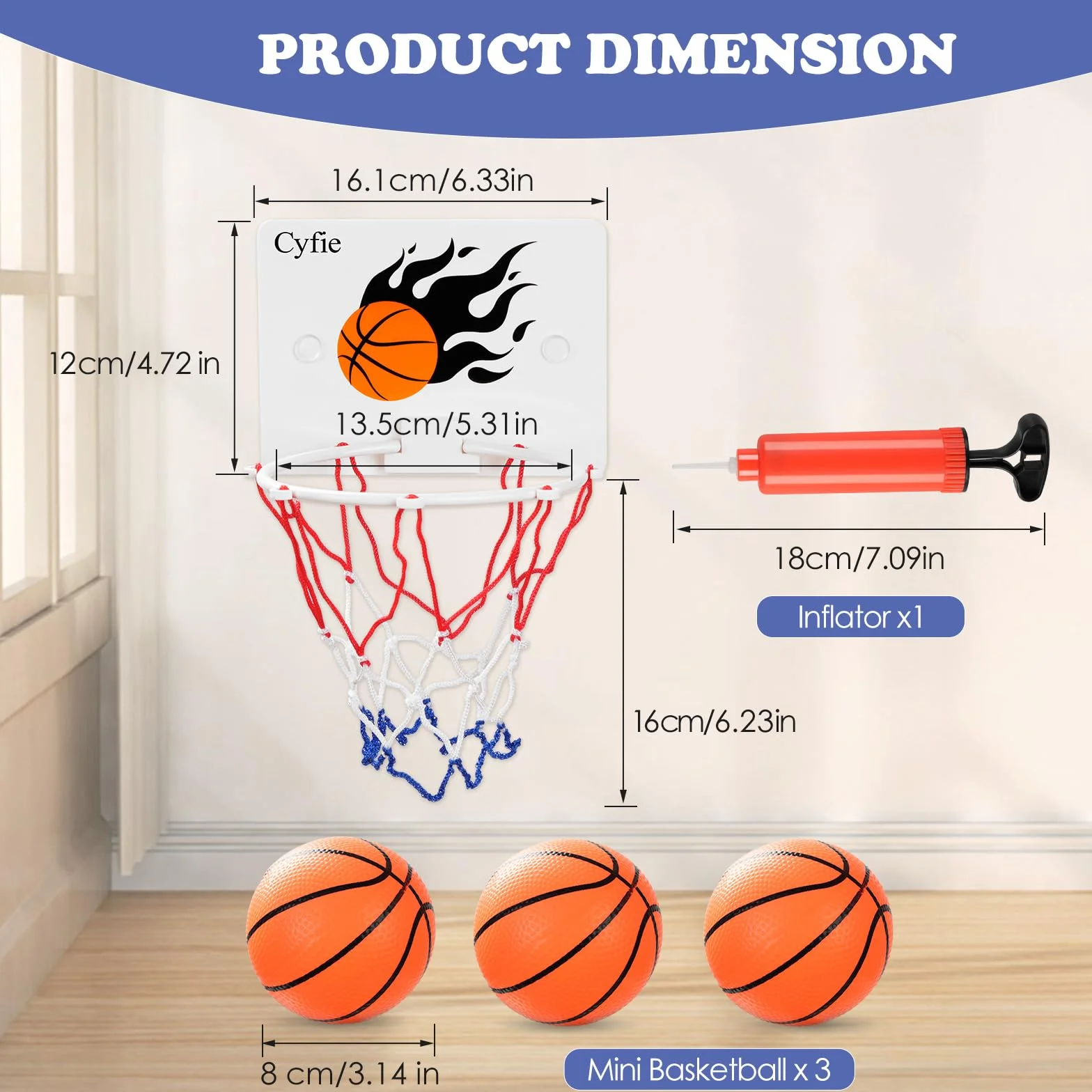 CYFIE Canestro Basket da Camera con Ventosa, con 3 Pallone Basket e 1 Pompa, Mini per Bagni, Uffici, Camere da Letto, Studi, Scrivanie, Porte, Pareti