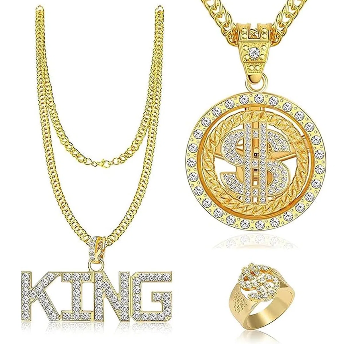 Set Accessori Rapper Costume Hip Hop Collana e Anello con Segno del Dollaro Catena d'oro Finta King Sign hip hop per Feste Anni '80 '90 Accessori per Rapper Decorazioni a Tema Mafia