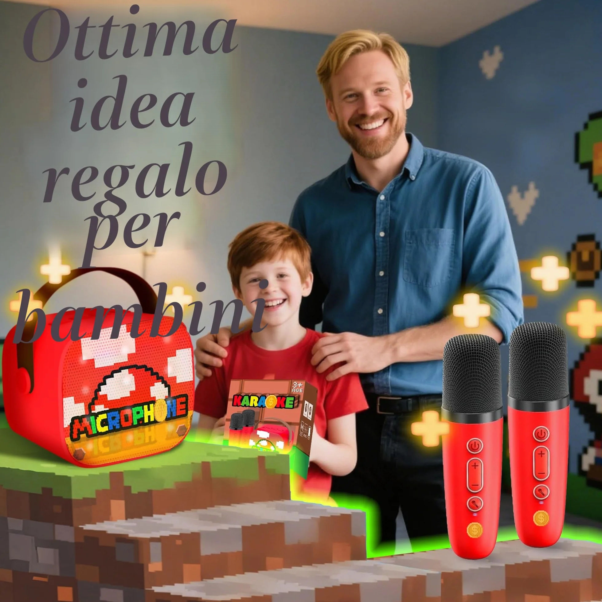 Karaoke per Bambini con 2 Microfoni Wireless Bluetooth, Giocattolo Musicale, Regalo Bambino 3-12 Anni