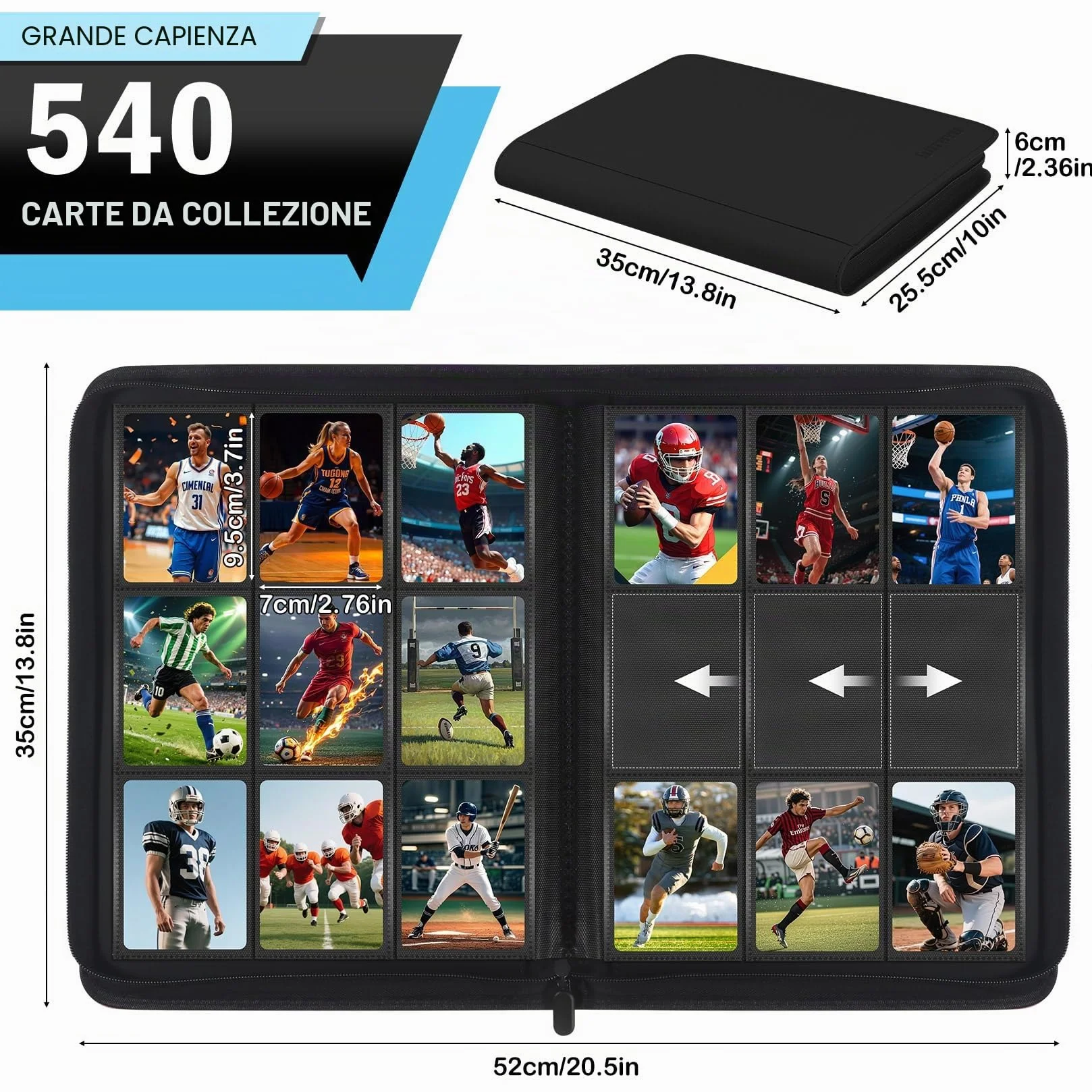 WITHYU Album da Collezione per Carte con 9 Tasche, Capienza 540 Carte - Portacarte Impermeabile con Caricamento Laterale e Cerniera per TCG, Calcio & Collezione, Portatile (Nero)