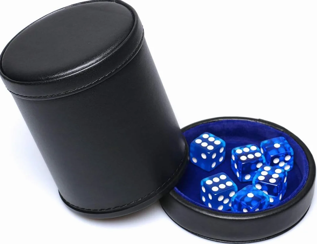 Coppa per dadi in pelle PU con coperchio, interno in velluto blu, silenzioso, include 6 dadi traslucidi blu per dadi bugiardi/farkle/giochi Yahtzee