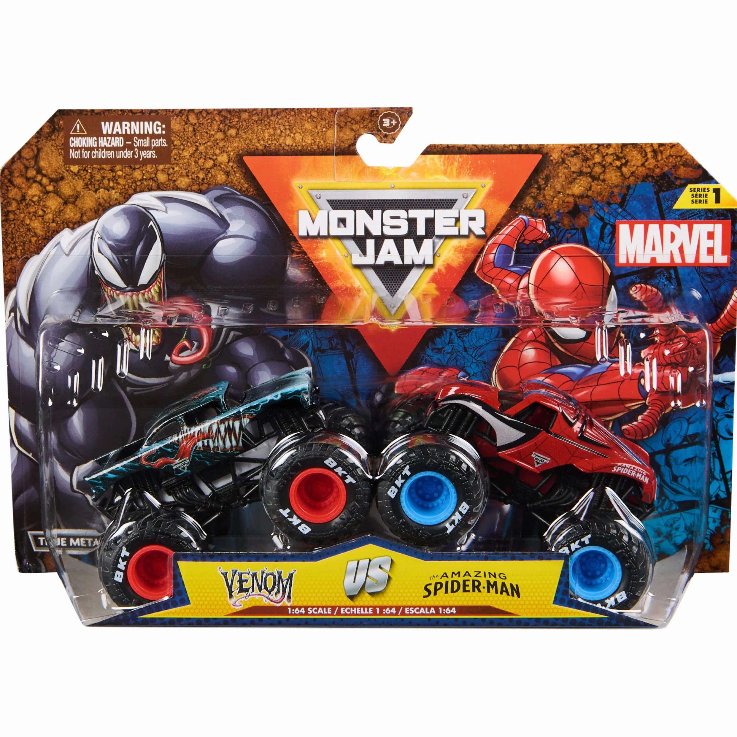 Monster Jam, Marvel Official Venom Vs. The Amazing Spider-Man Monster Truck pressofuso, scala 1:64, giocattoli per bambini per ragazzi e ragazze dai 3 anni in su