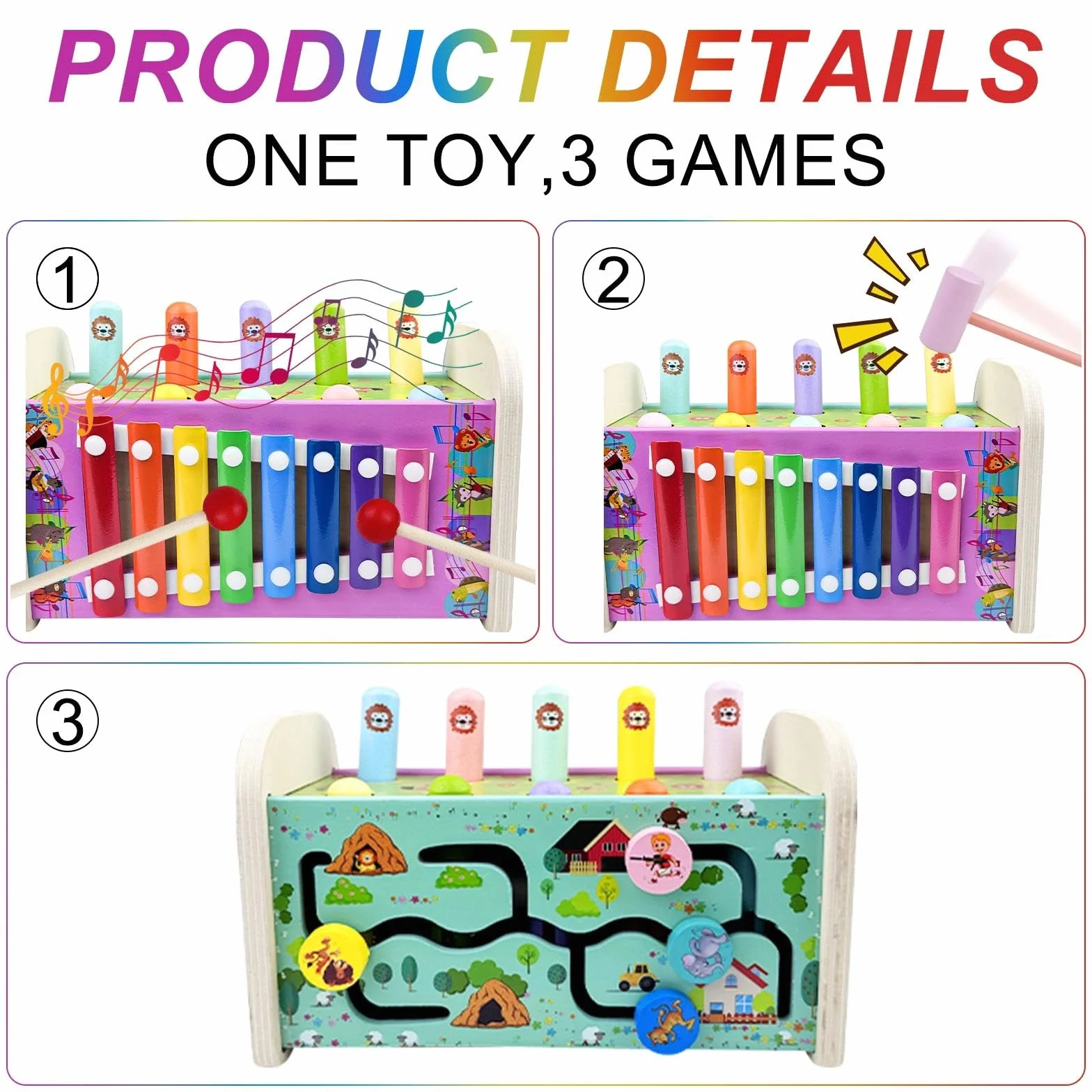 3 in 1 Giochi Legno Bambini con Xilofono/Acchiappa La Talpa/Labirinto, Strumenti Musicali Bambini, Gioco Banco di Martello, Giochi Educativi Montessori, per Regalo Bambino Bambina 1 2 3 Anno