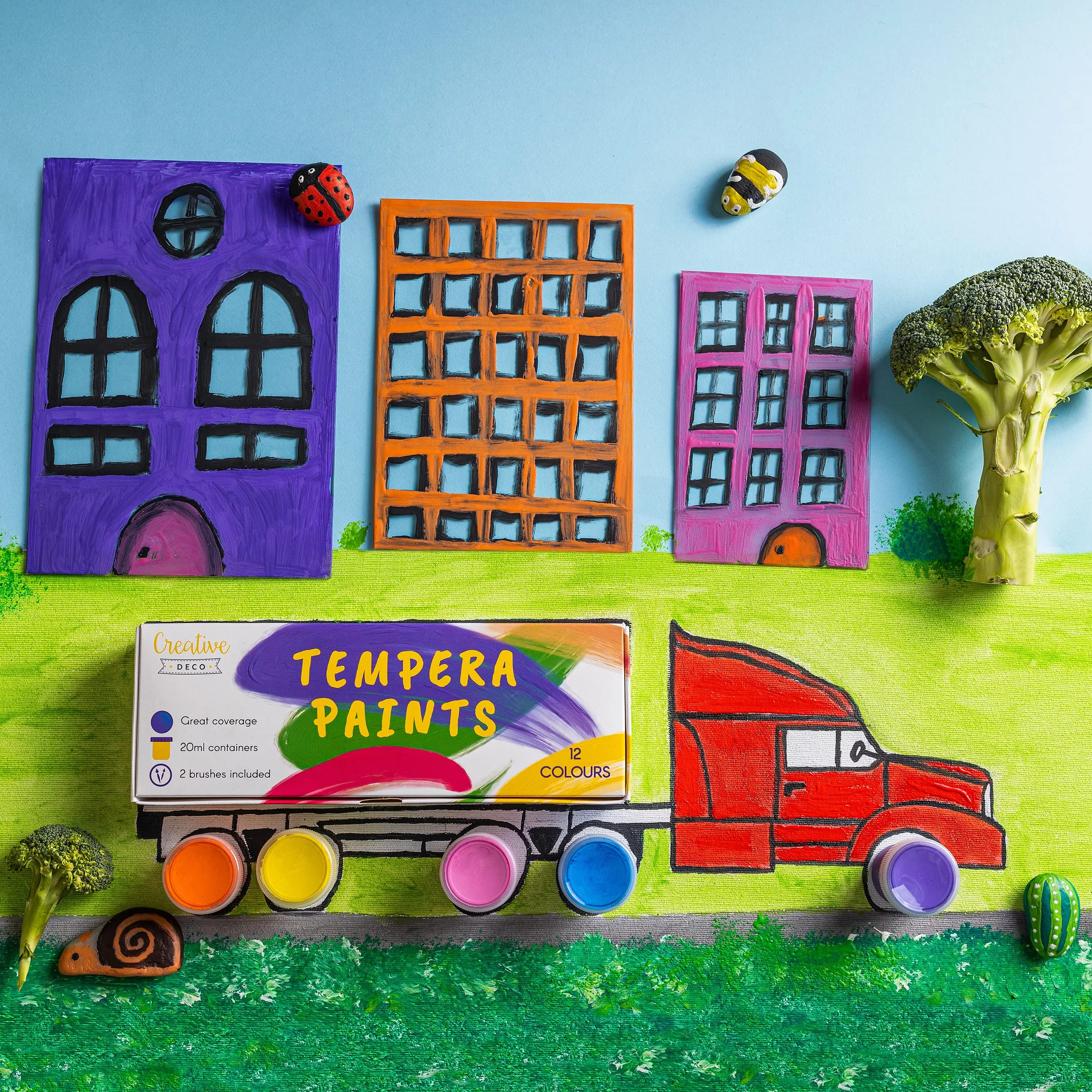 Creative Deco Set di Tempere Lavabili per Bambini | 20 ml x 12 | Colori a Dita per Dipingere | Intensi. Vibranti. Pigmentati Colori Primari | Sicuri e Non Tossici | Copertura Perfetta e Finitura Opaca