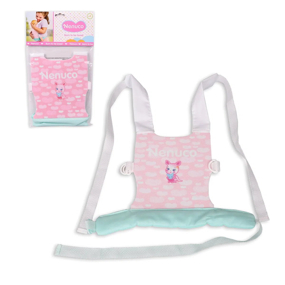 Nenuco - Marsupio, Marsupio/Zaino in Tessuto Rosa e Verde per Portare a spasso, Manici Regolabili, per Bambini e Bambine da 2 Anni di età, Sviluppo affettivo, Famosa (NFN37000)