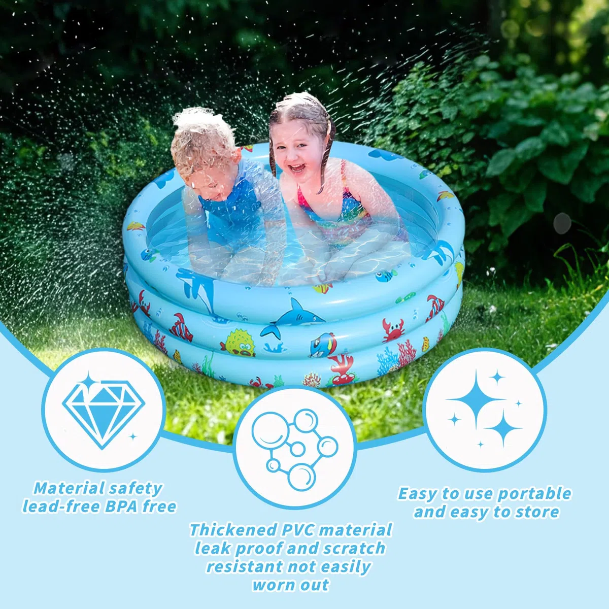 Piscina Gonfiabile Bambini 80x80x22cm,Piscina Anulare per Bambini,Mini piscina gonfiabile con Fondo Morbido per Bambini,materiale spesso in PVC (Squalo)