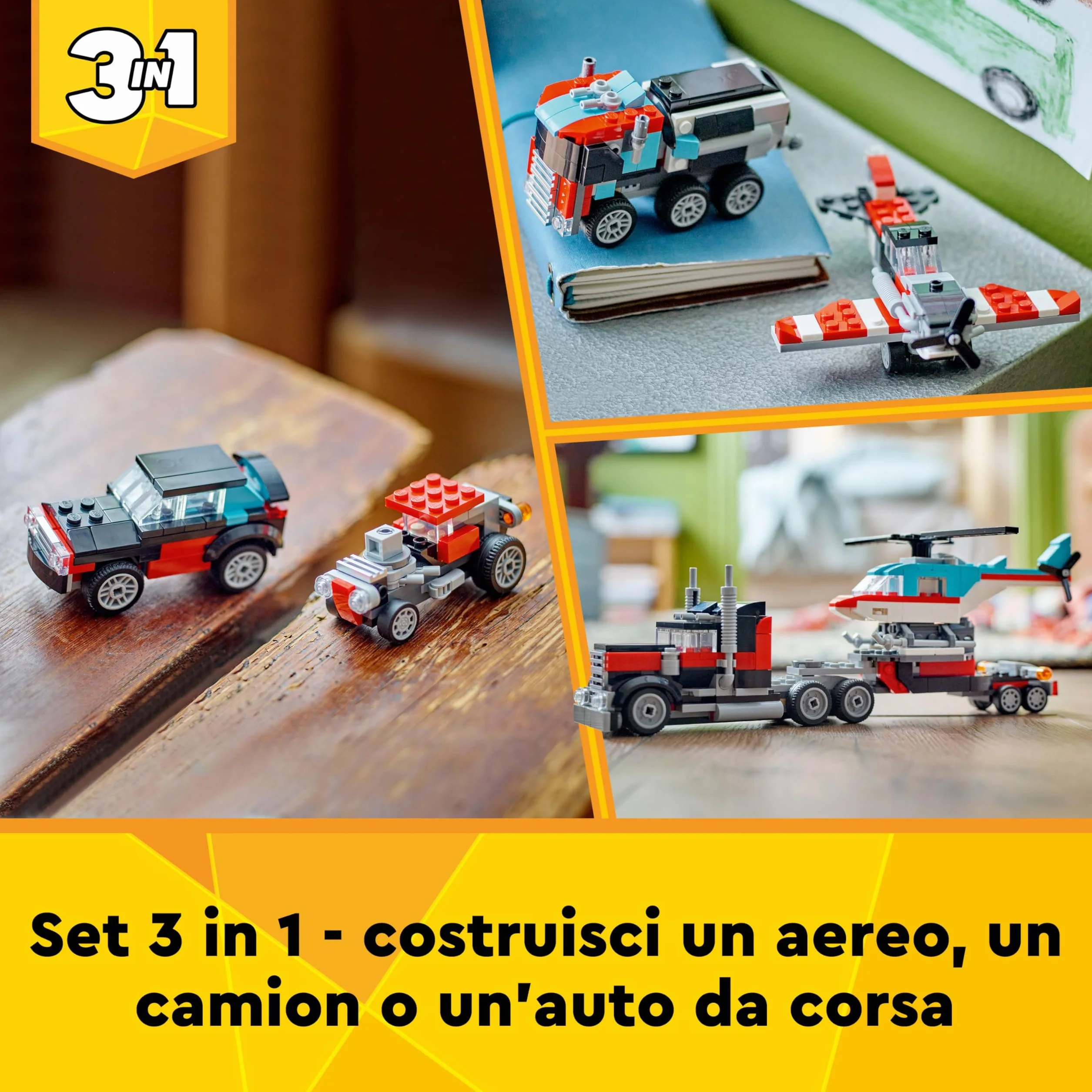 LEGO Creator 3 in 1 Autocarro con Elicottero, Giochi per Bambini e Bambine da 7 Anni, Camion Giocattolo Ricostruibile in Aereo e Cisterna o in Auto da Corsa e SUV, Idea Regalo di Compleanno 31146