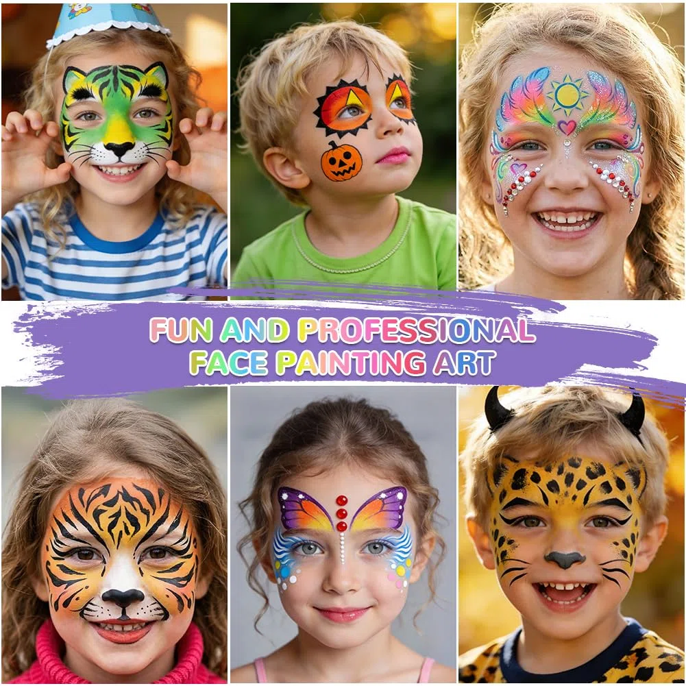 Truccabimbi Trucco per Bambini, 24 Colori Trucco Viso Bambini con 4 Pennelli, 40 Adesivo per Tatuaggi, 4 Stencil a Diamante, Body Painting per Halloween Carnevale Feste Natale
